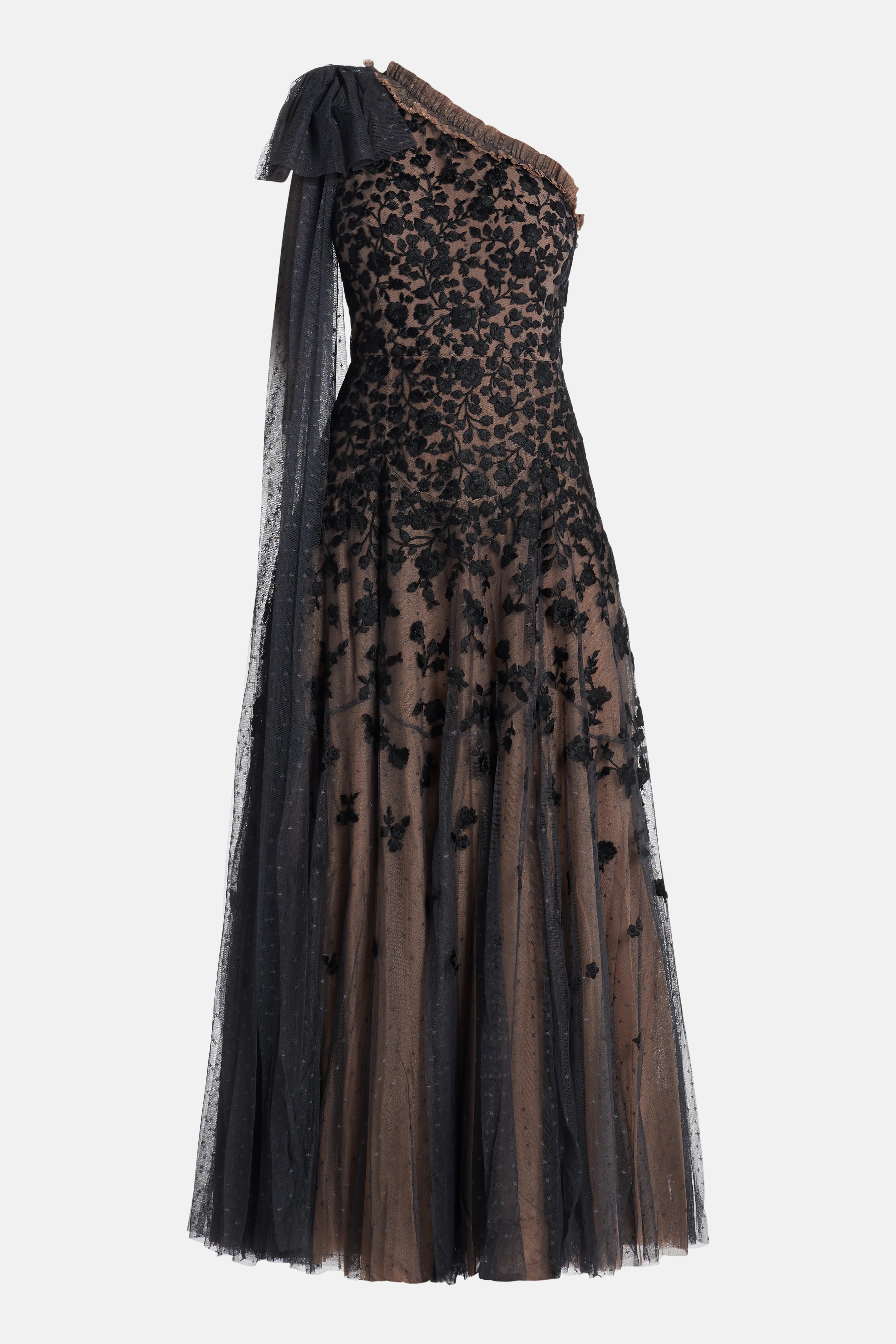 Sylvia Rose One Shoulder Bow Evening Dress in Black