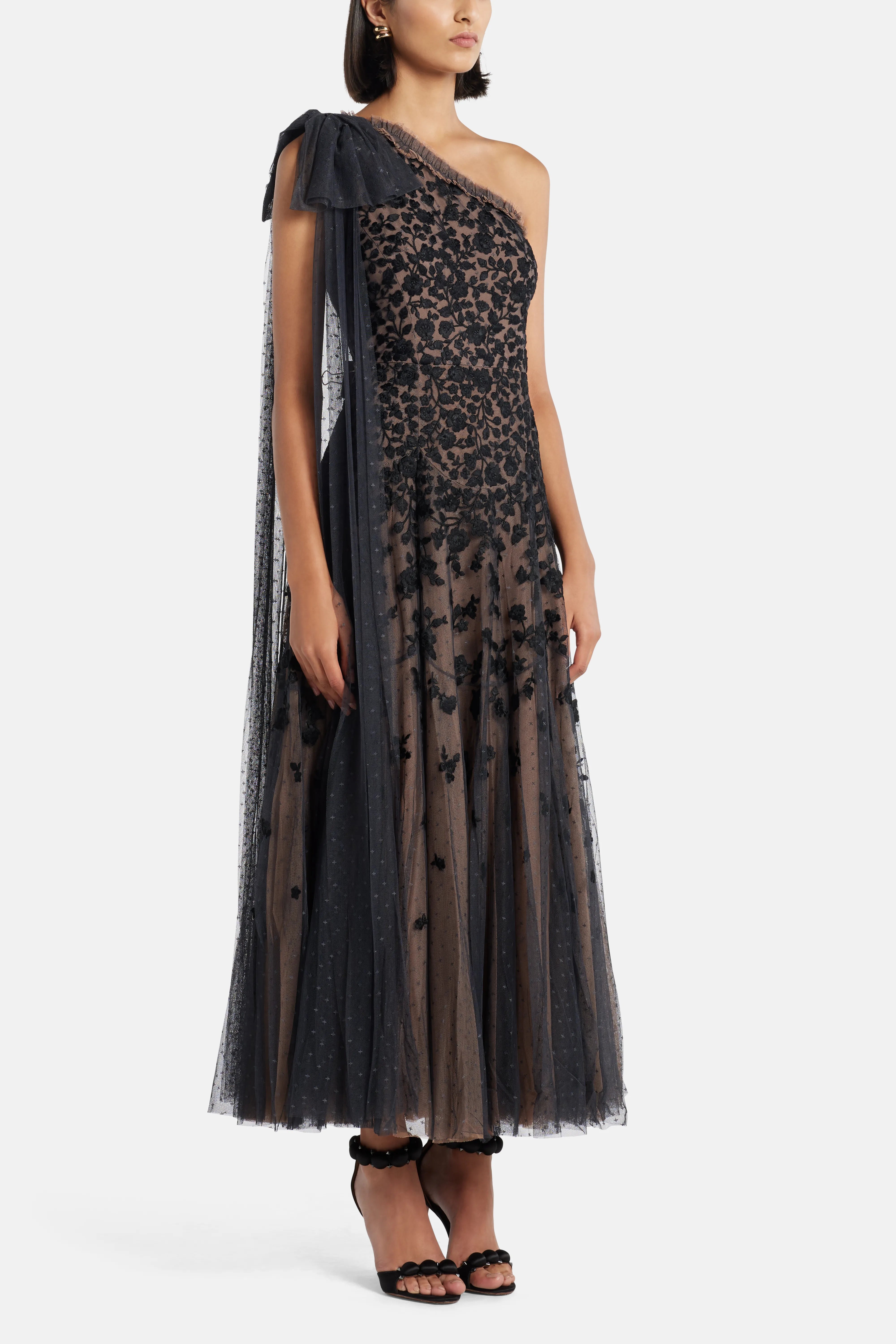 Sylvia Rose One Shoulder Bow Evening Dress in Black