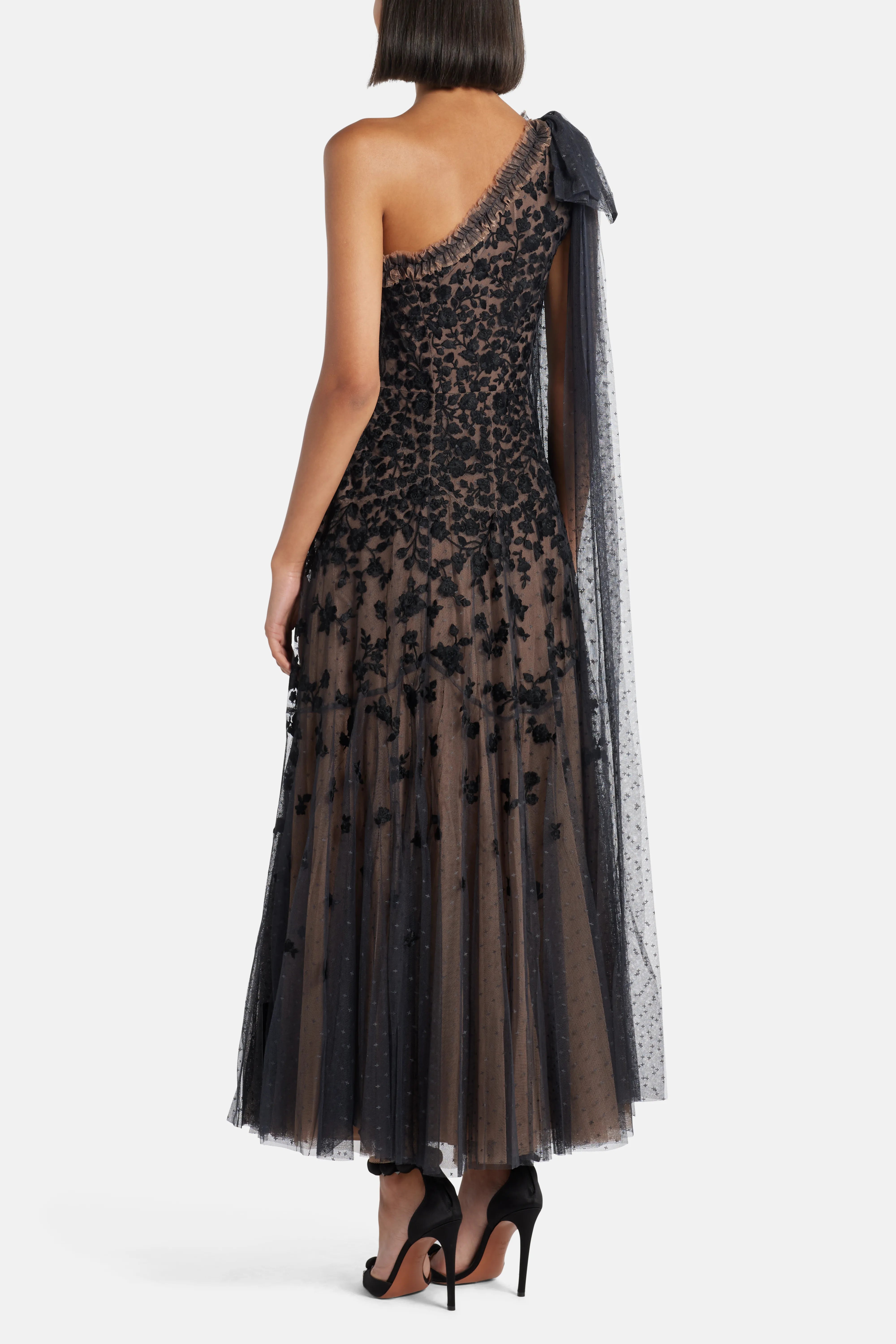 Sylvia Rose One Shoulder Bow Evening Dress in Black