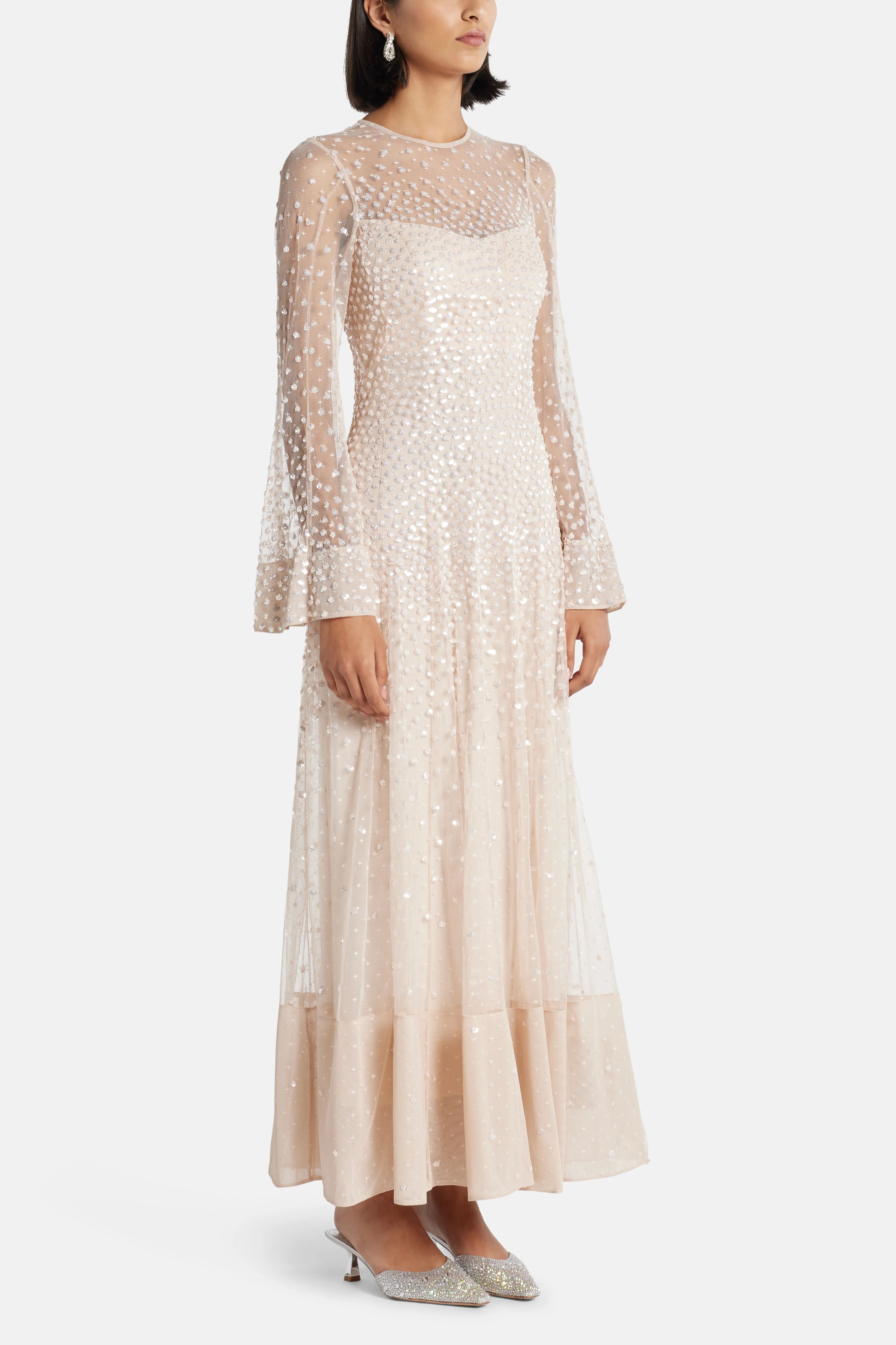 Sequin Cascade Evening Dress in Beige