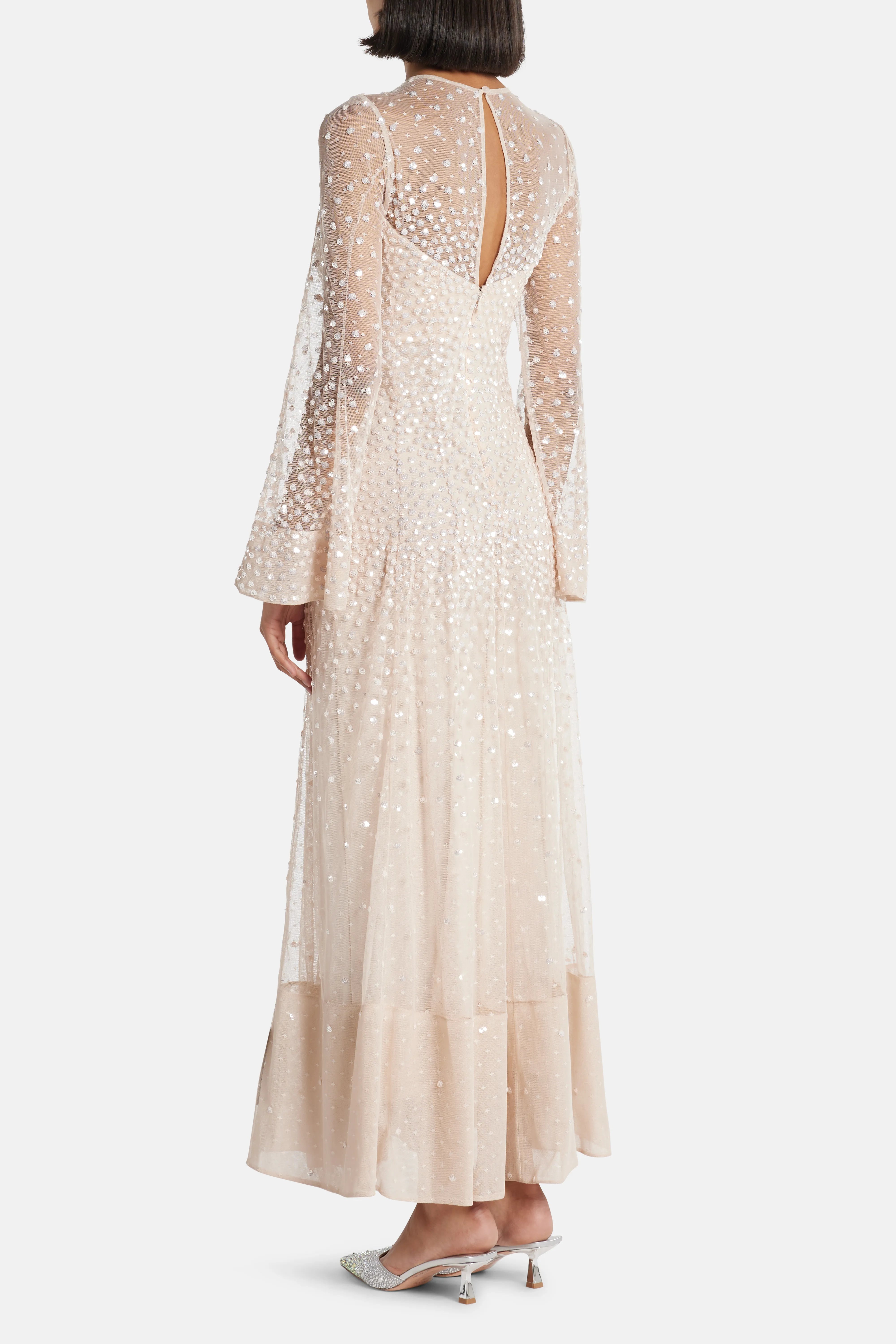 Sequin Cascade Evening Dress in Beige