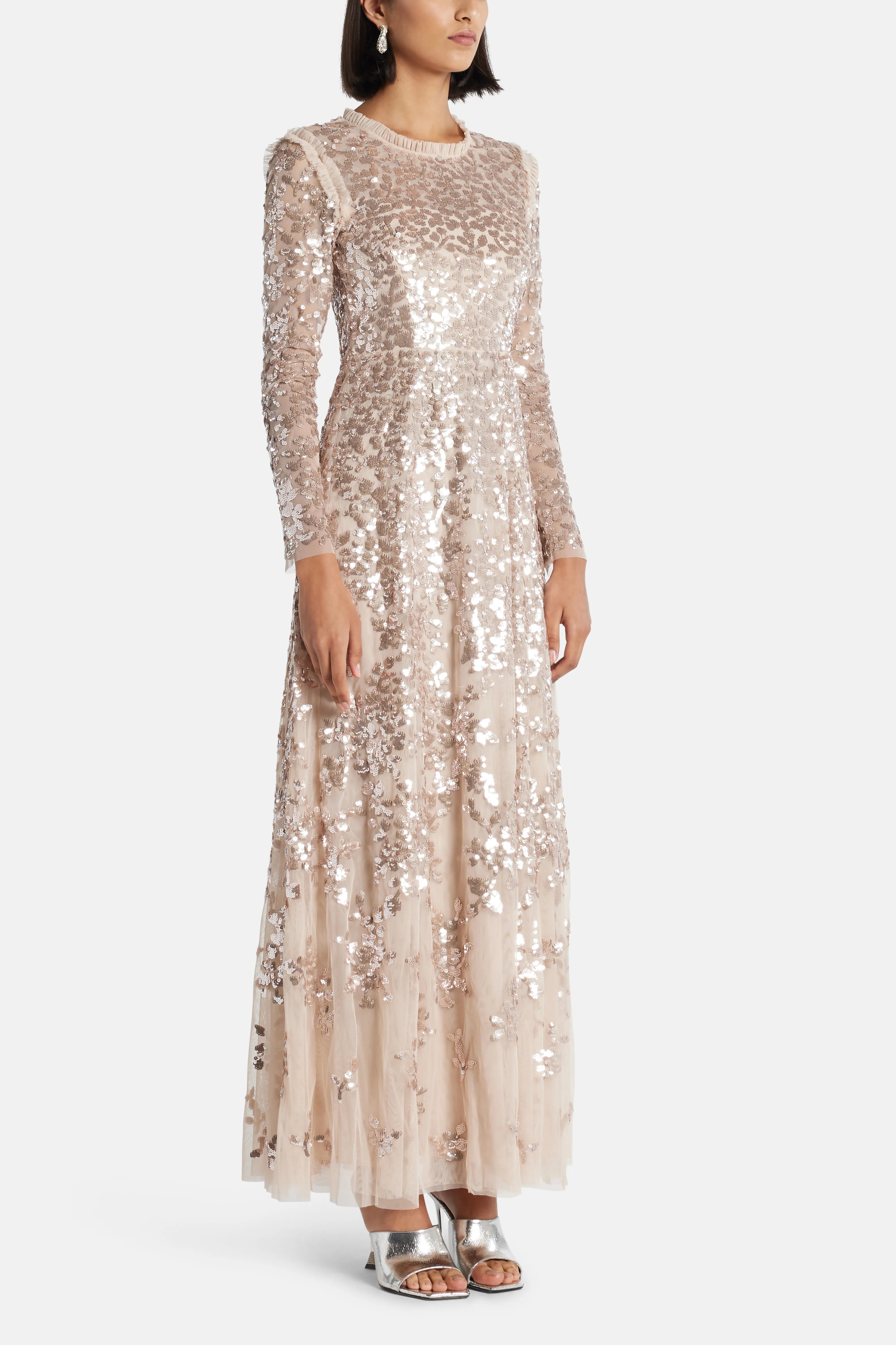 Rosanna Lattice Sequin Evening Dress in Beige