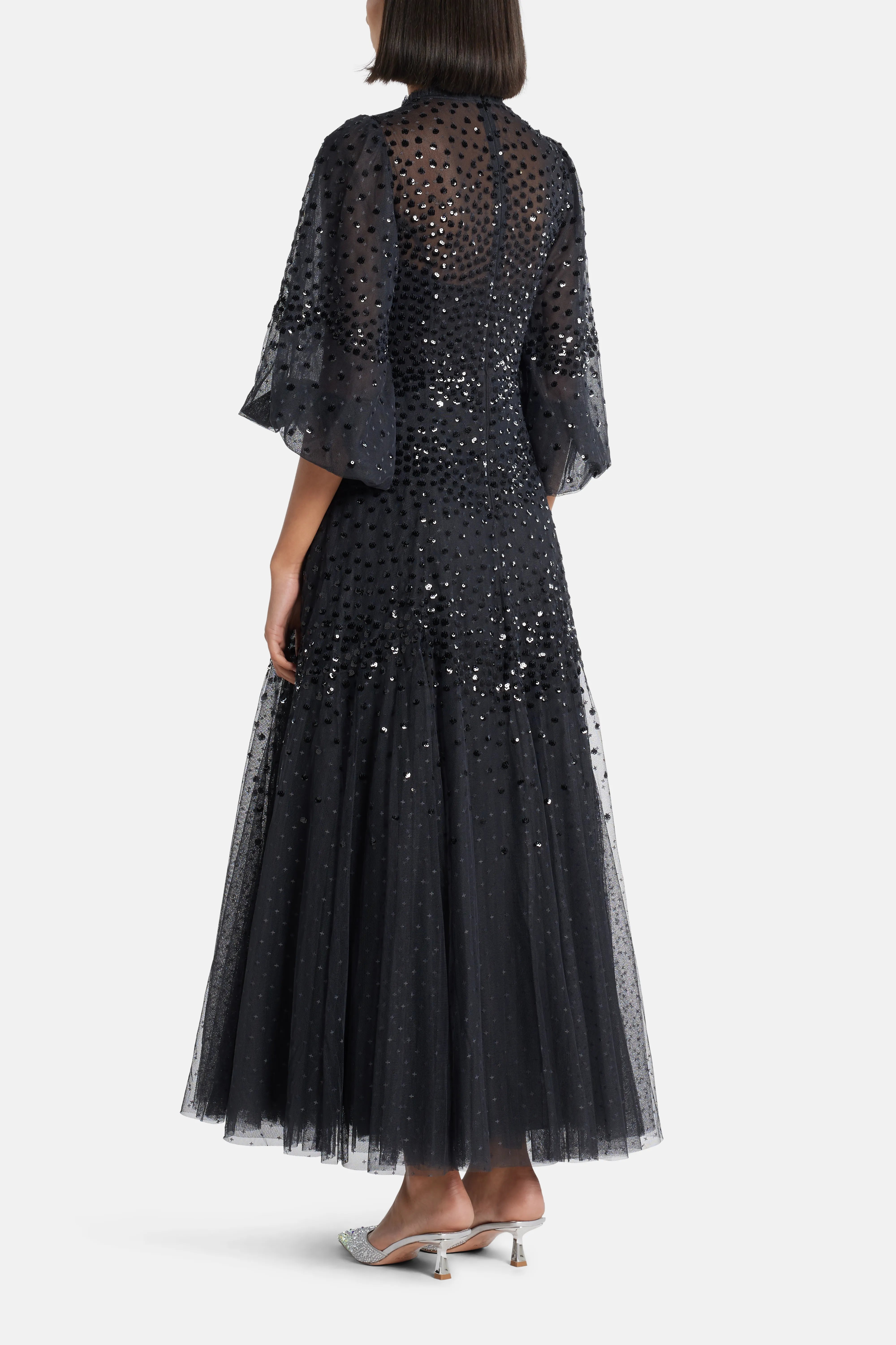 Scallop Sequin Evening Dress in Black