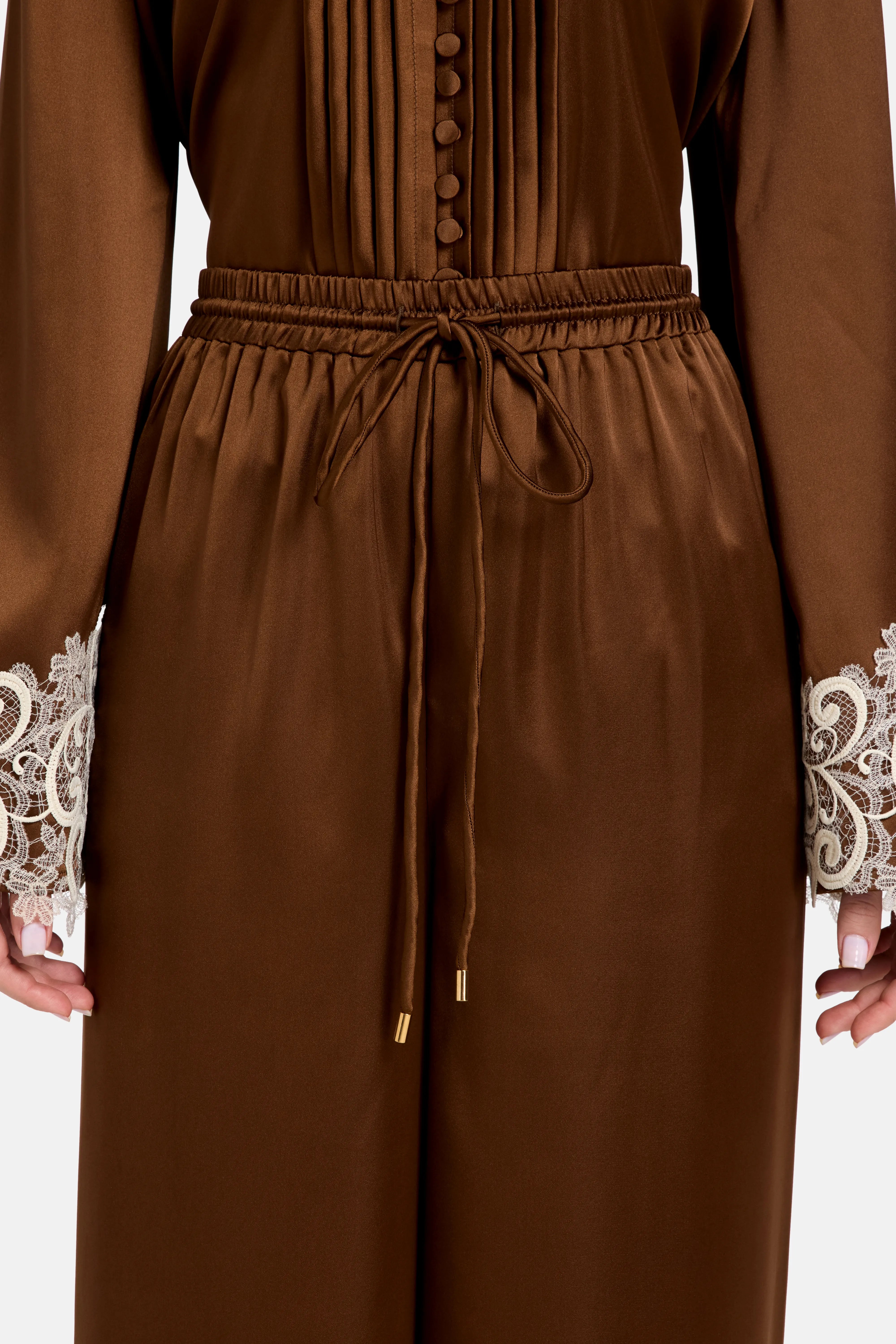Haneen Linen Satin Coco Wide Legged Trousers in Brown