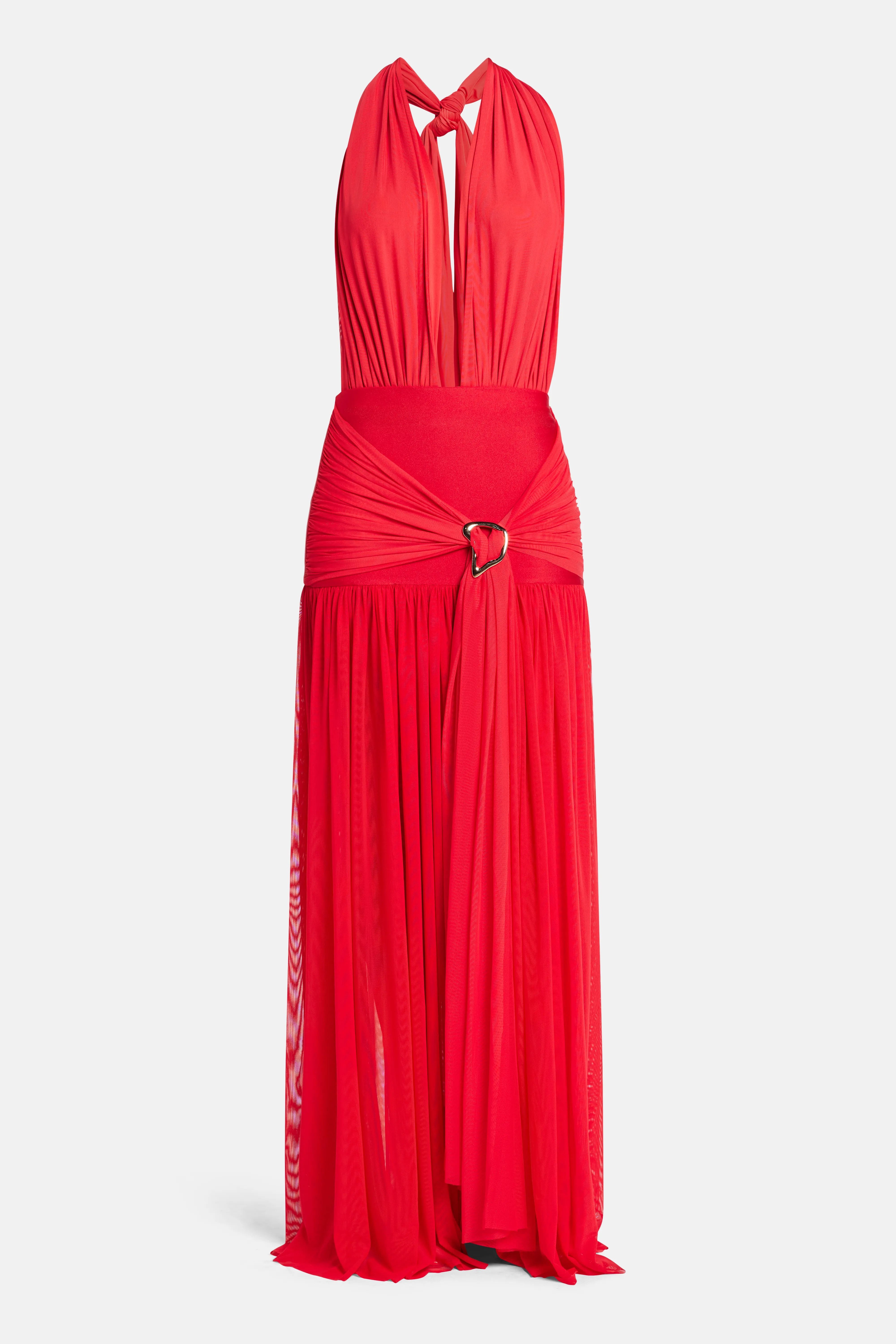 Capuccino Deep Cut Sleeveless Maxi Dress in Red