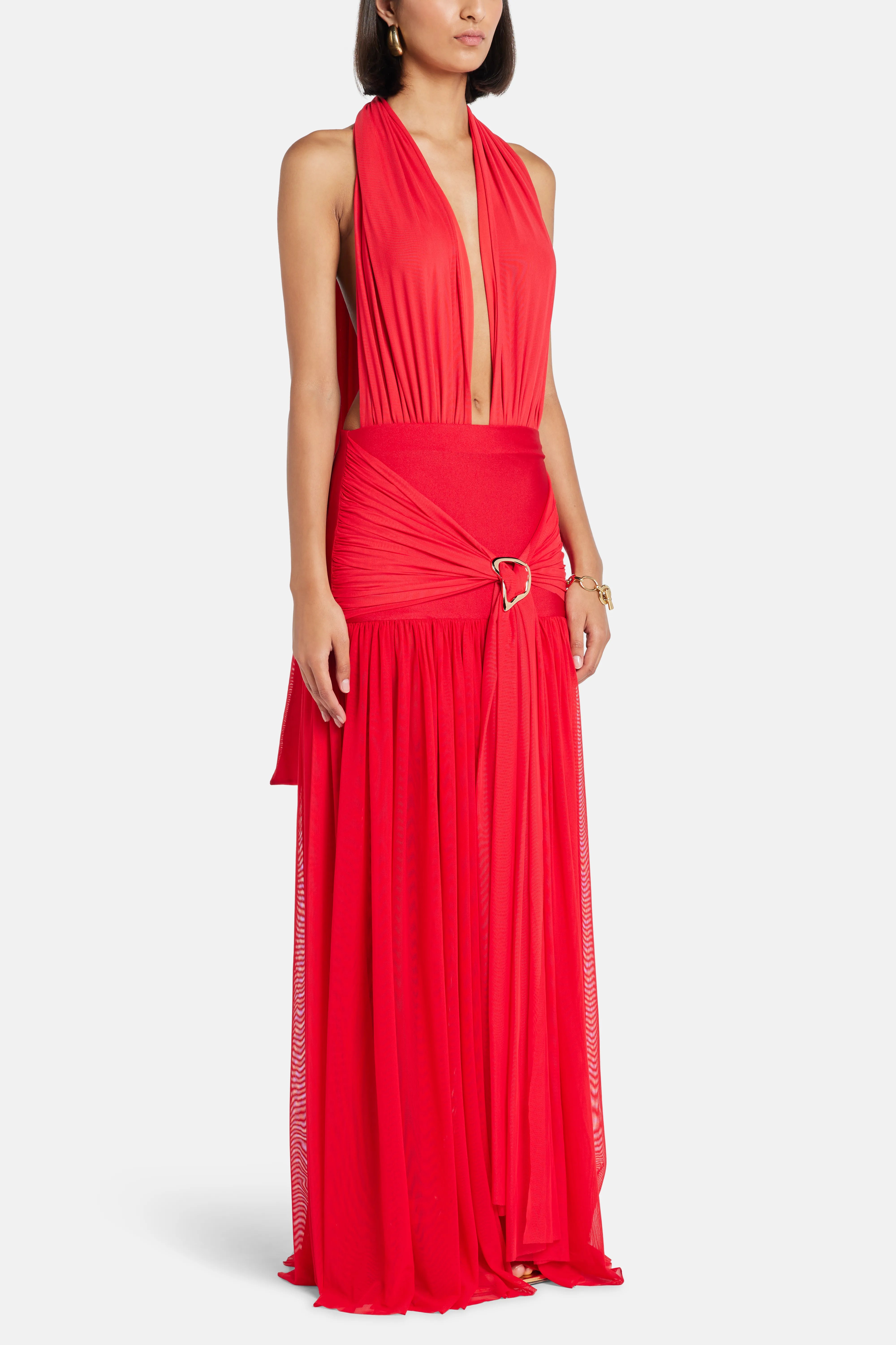 Capuccino Deep Cut Sleeveless Maxi Dress in Red
