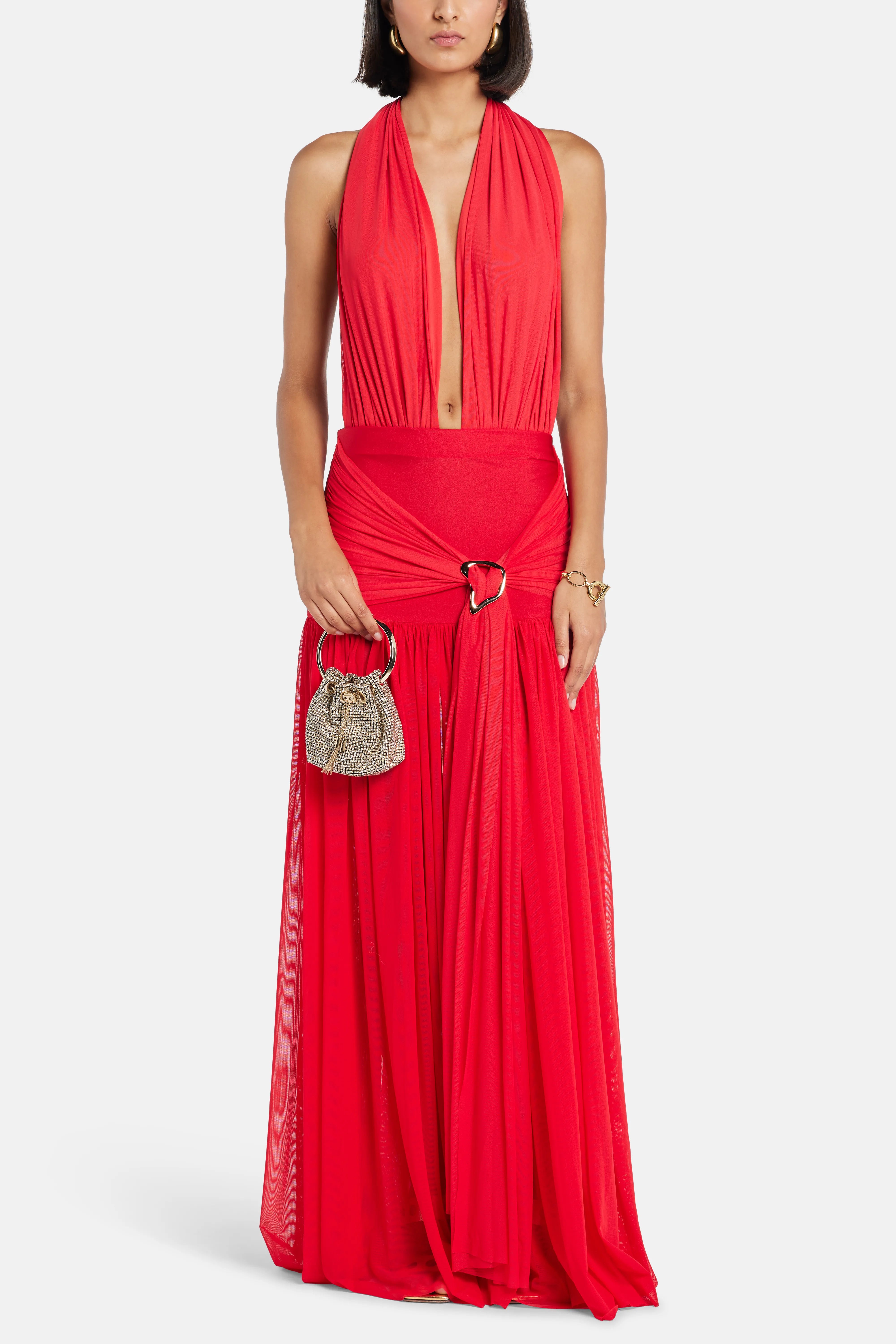 Capuccino Deep Cut Sleeveless Maxi Dress in Red