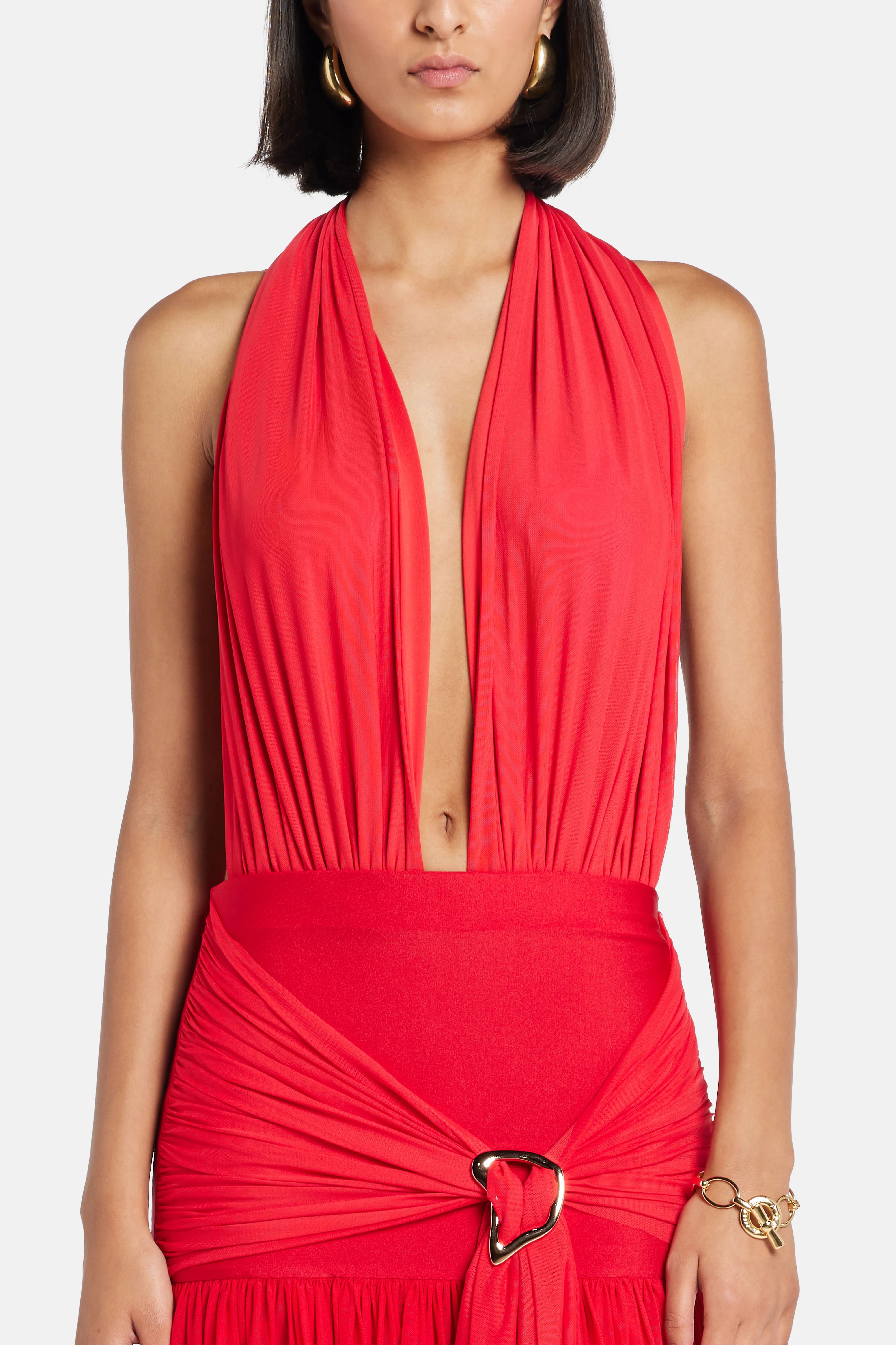 Capuccino Deep Cut Sleeveless Maxi Dress in Red