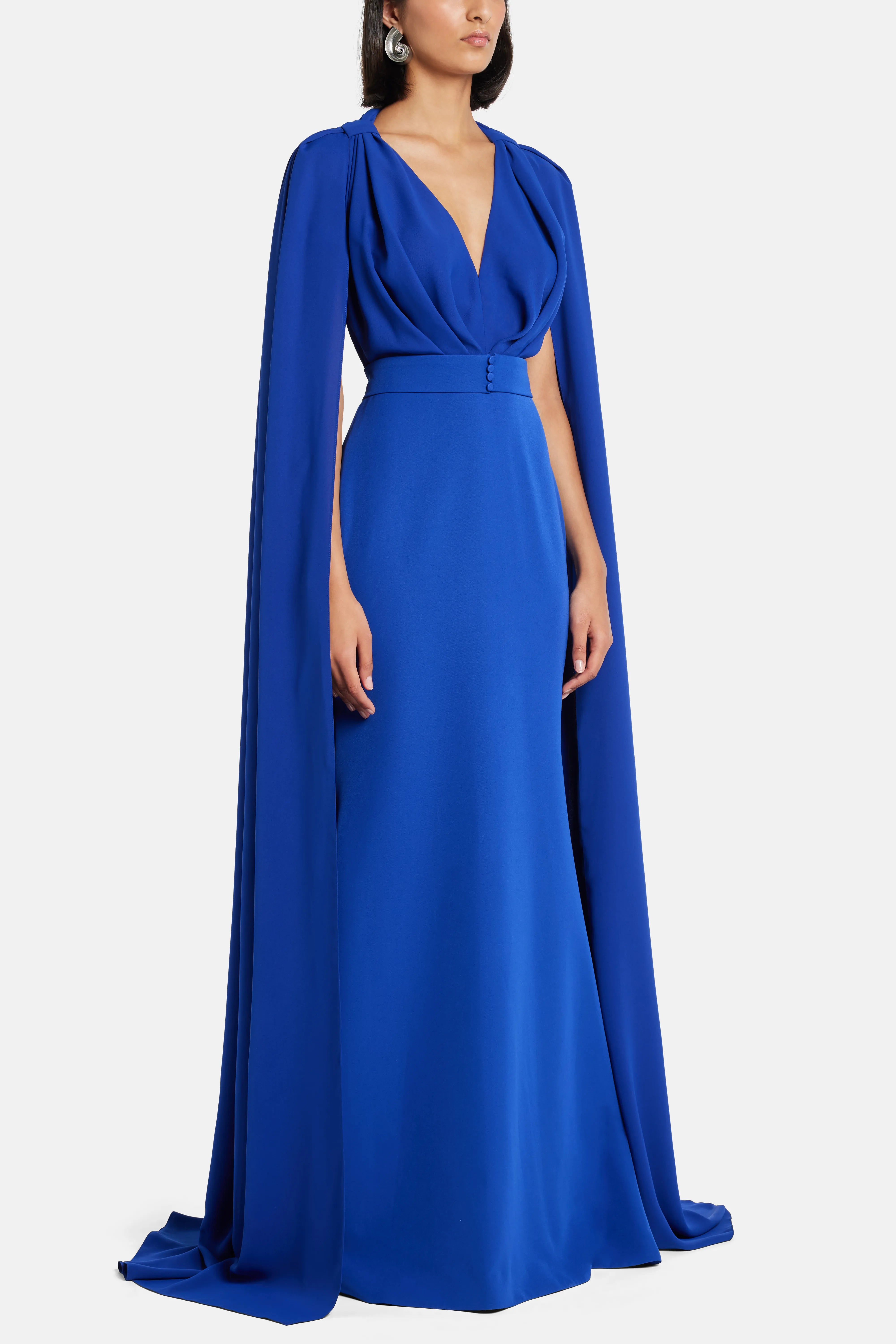 Dalal Cape Sleeves Evening Gown in Blue