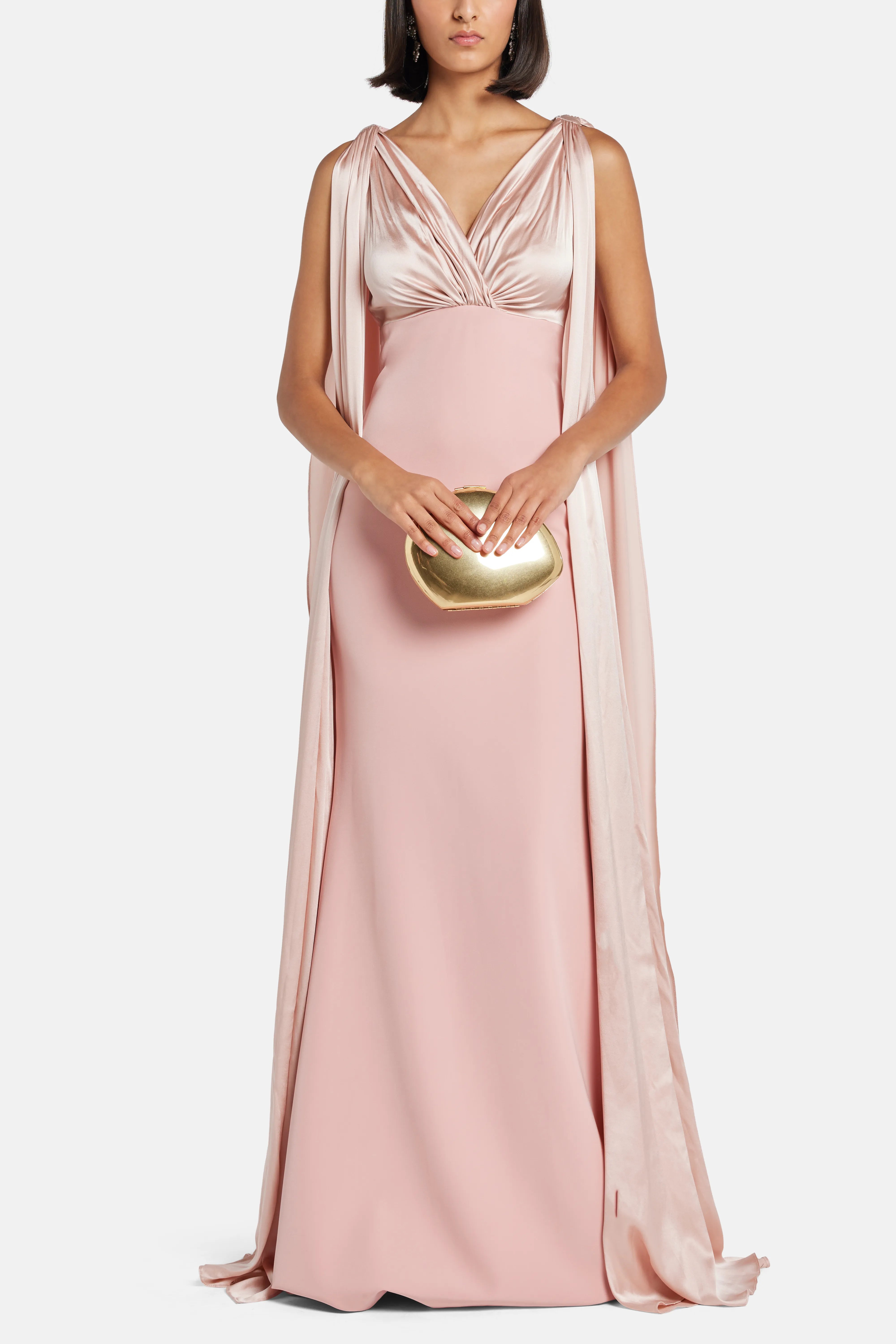 Aiman V Neck Cape Sleeves Evening Gown in PInk