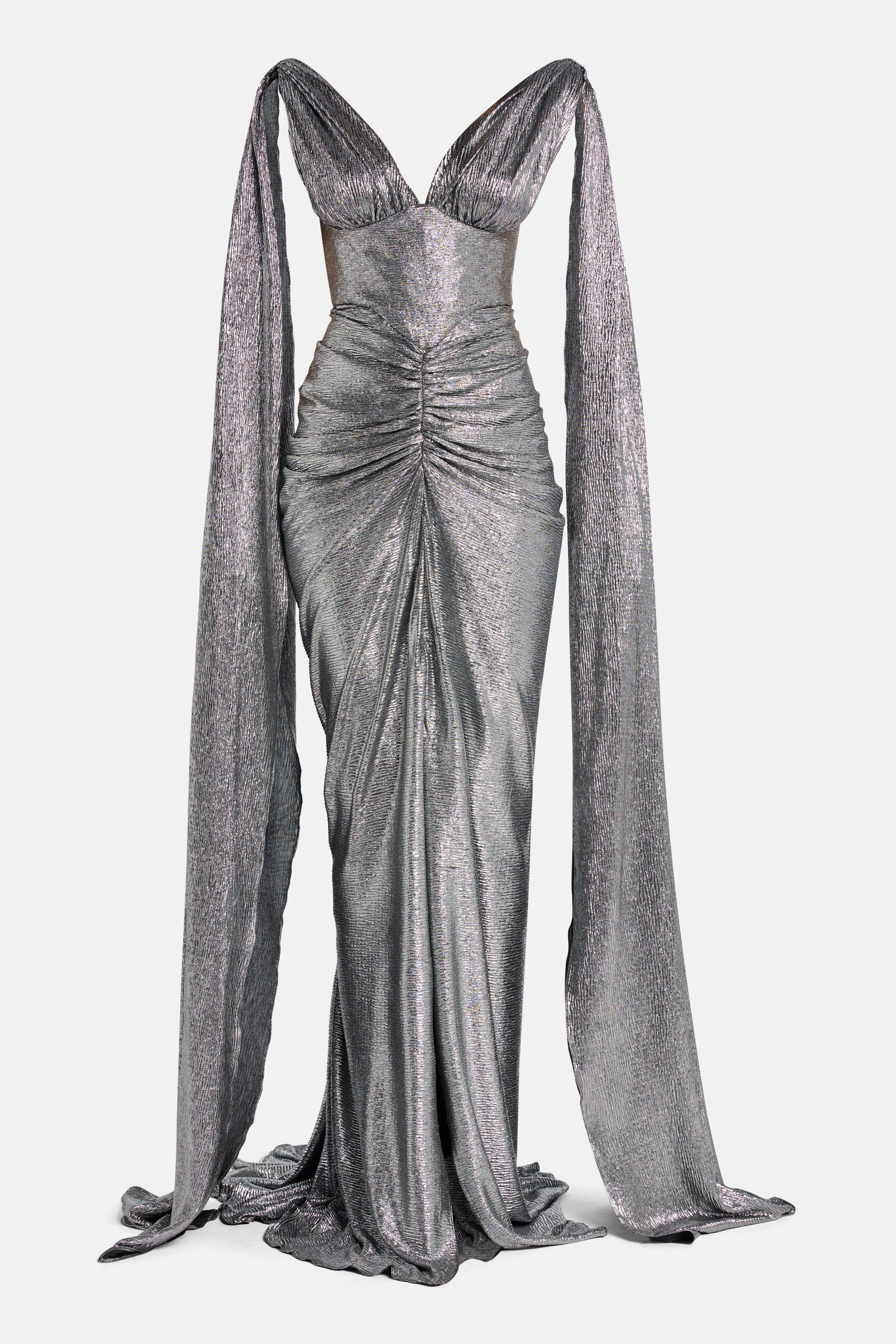 Sari Ruched Cape Sleeves Evening Gown Dress in Silver