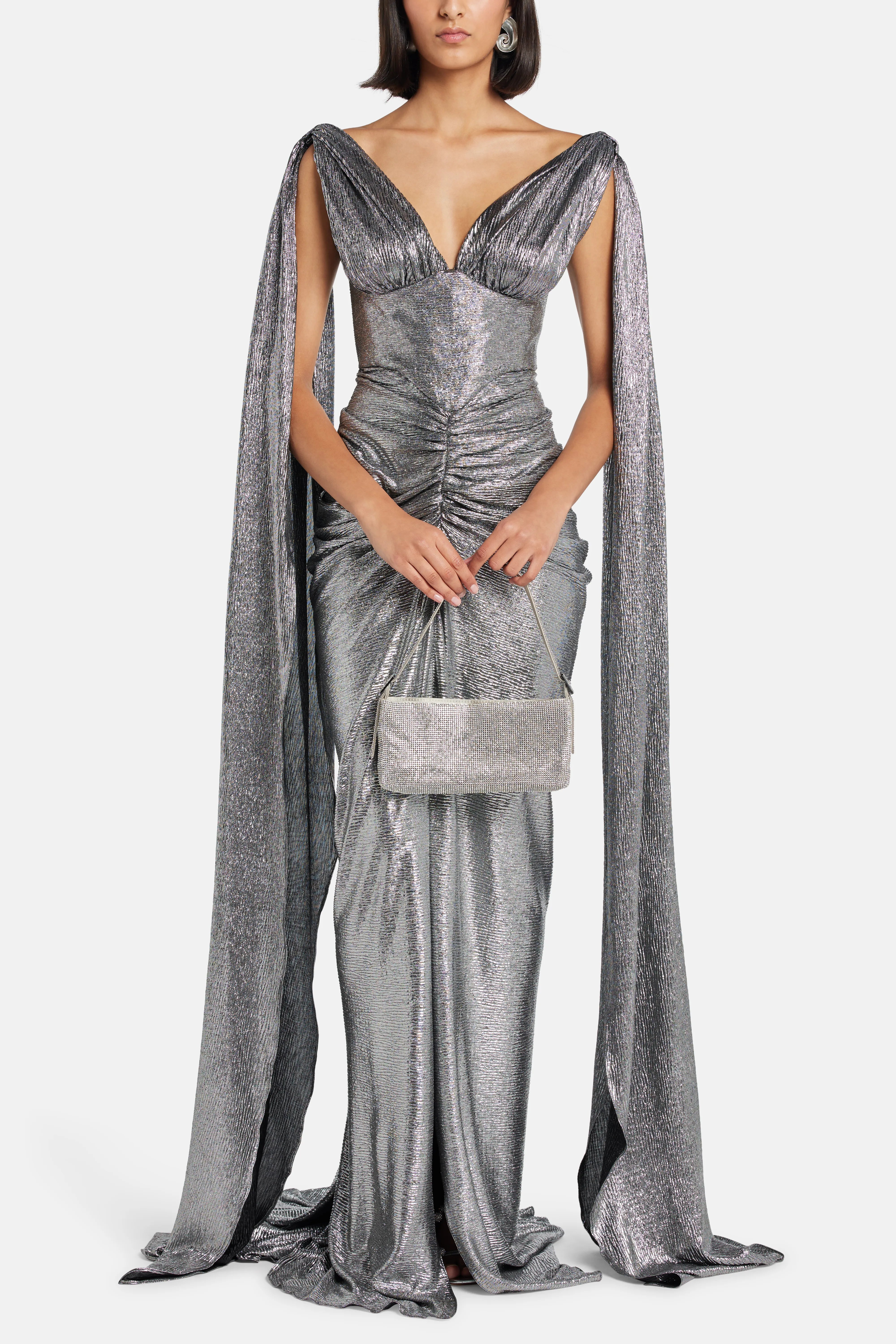 Sari Ruched Cape Sleeves Evening Gown Dress in Silver