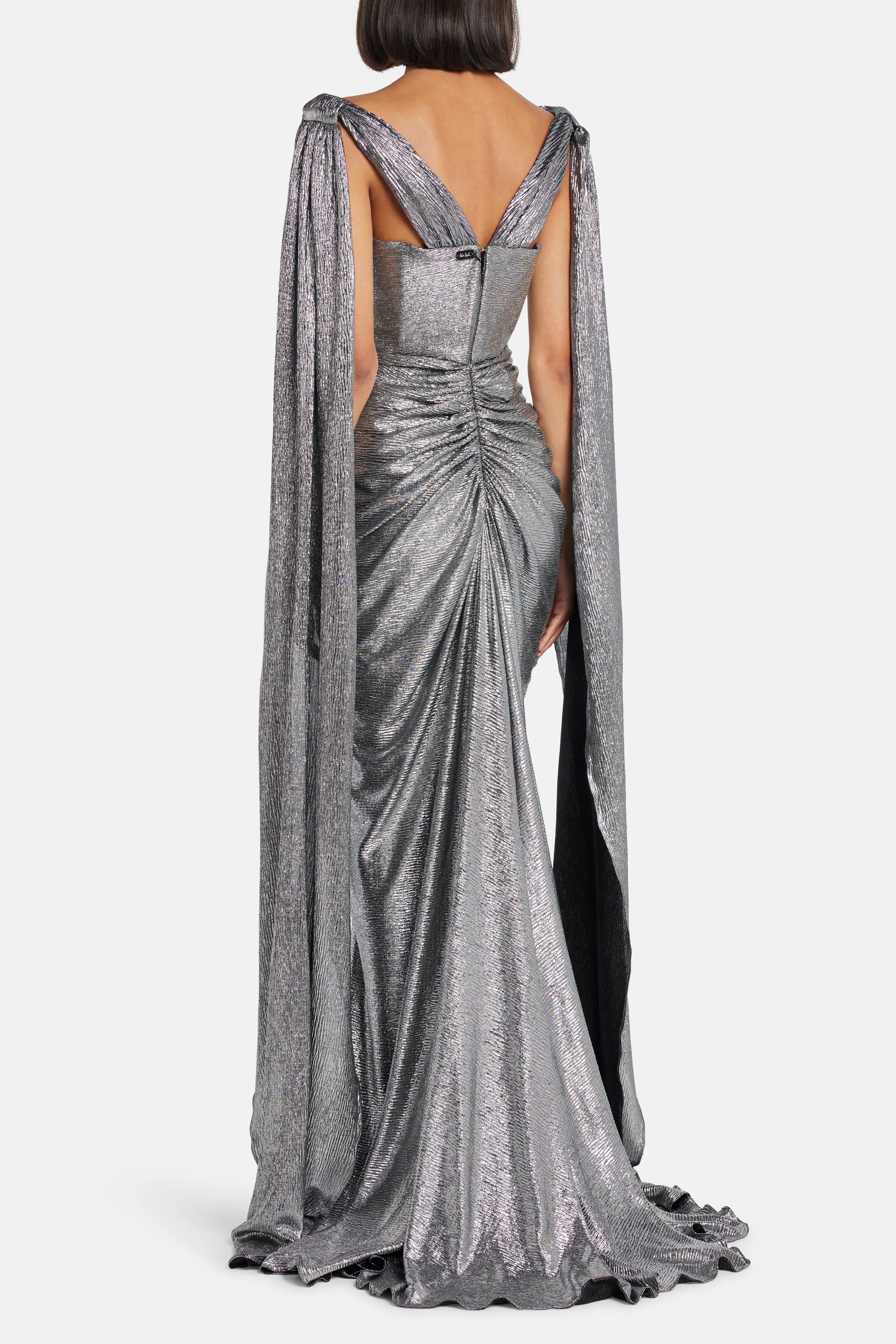 Sari Ruched Cape Sleeves Evening Gown Dress in Silver