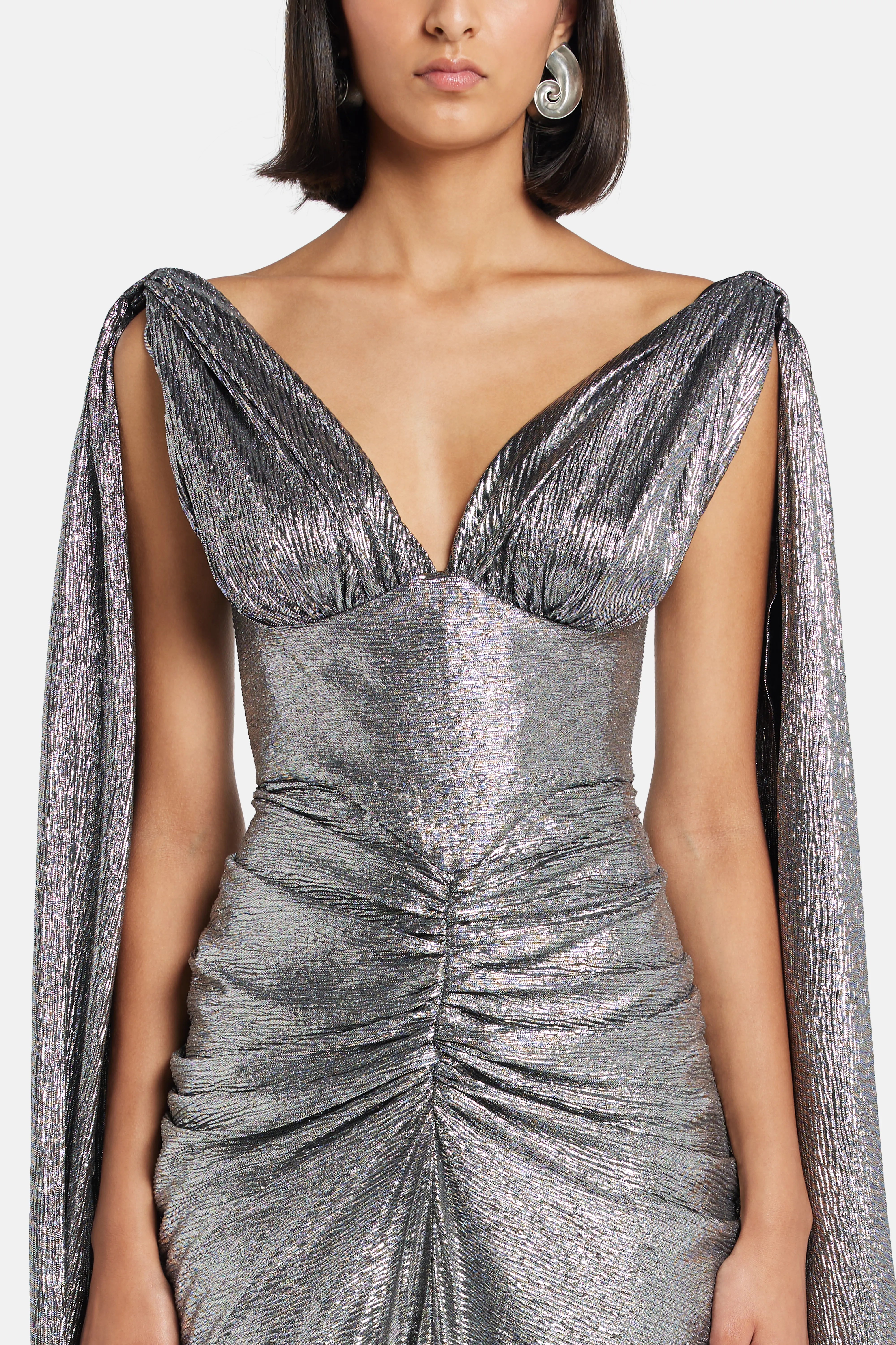 Sari Ruched Cape Sleeves Evening Gown Dress in Silver