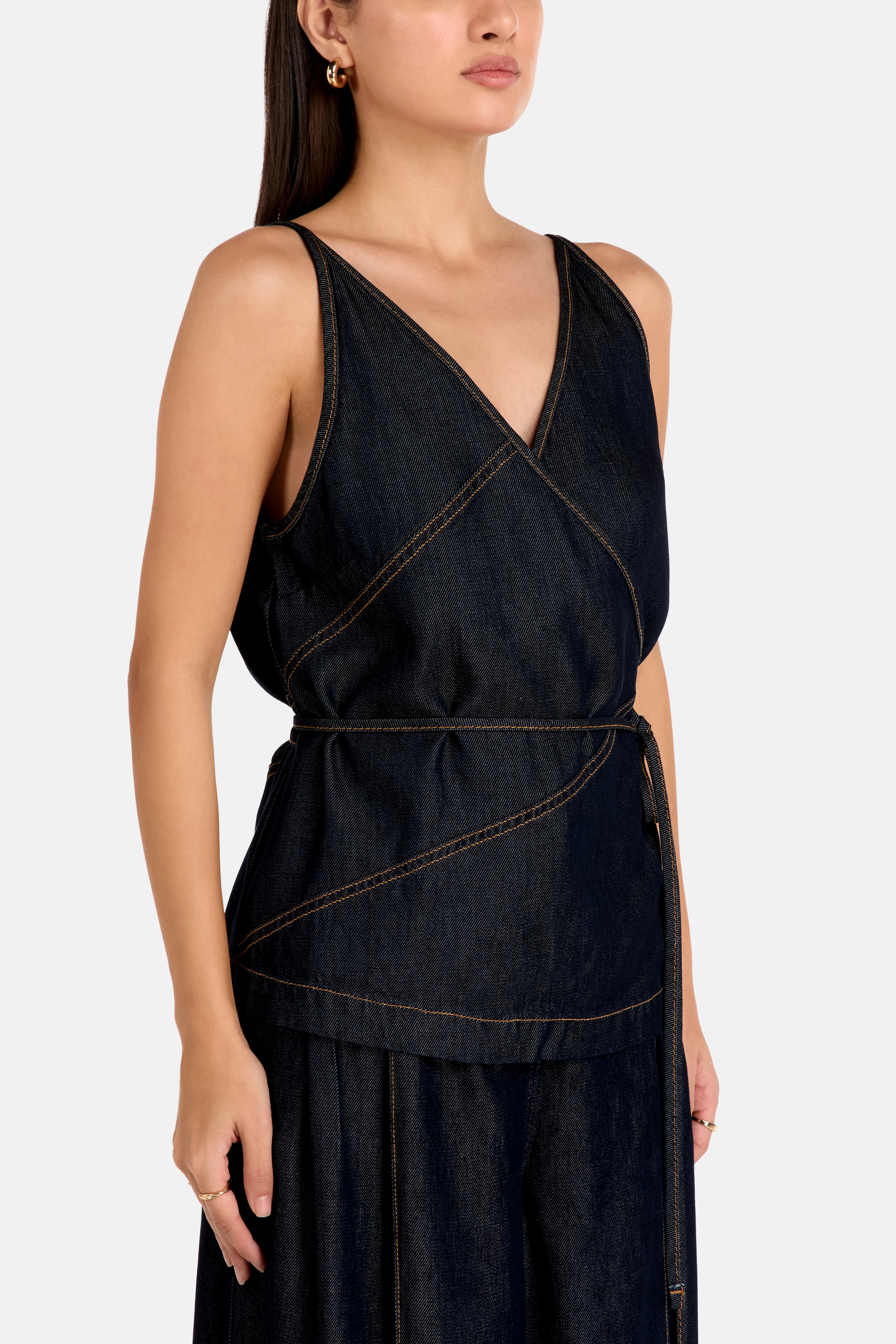 Renata V Neck Denim Sleeveless Top in Blue