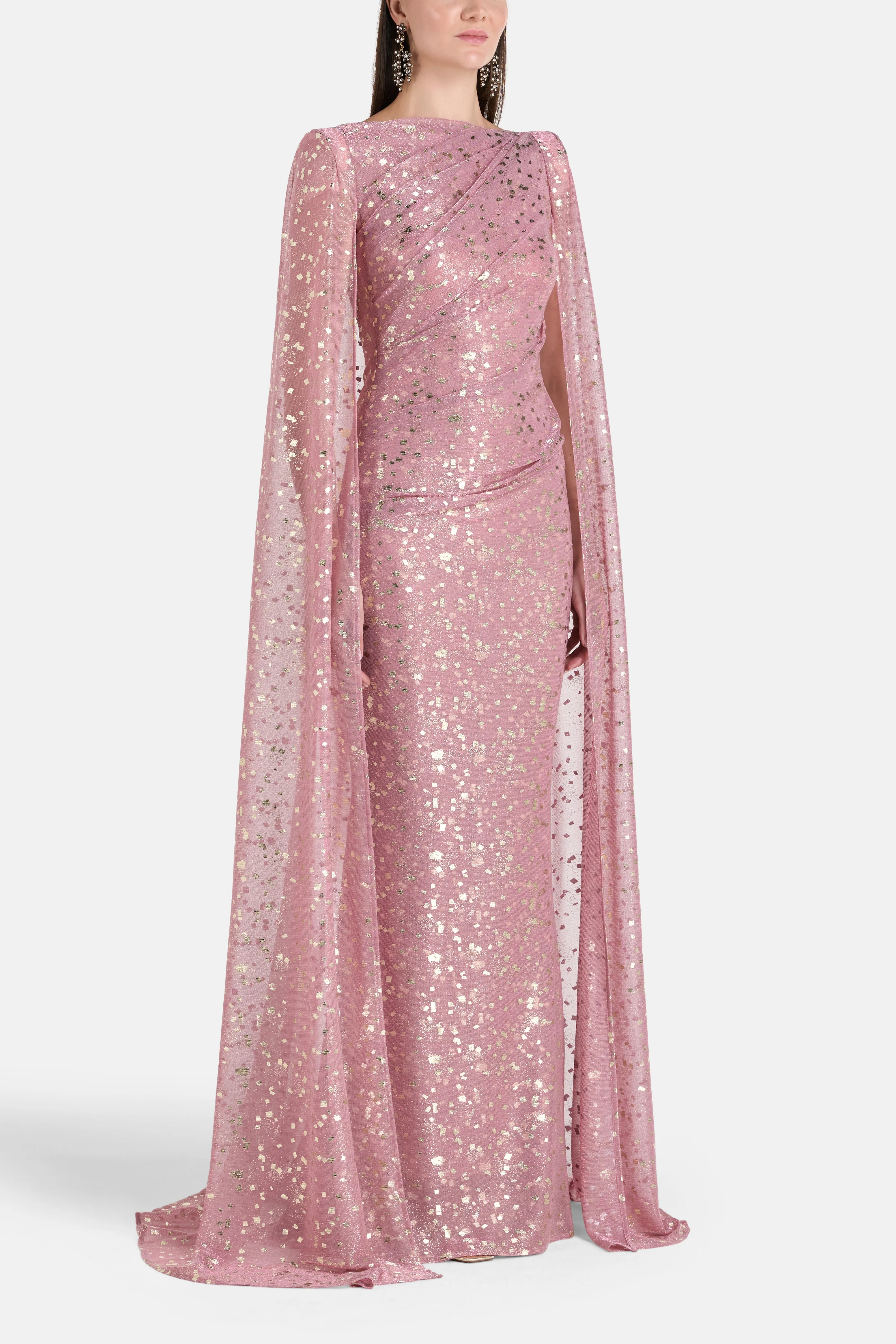 Metallic Shimmer Voile Cape Evening Gown in Pink