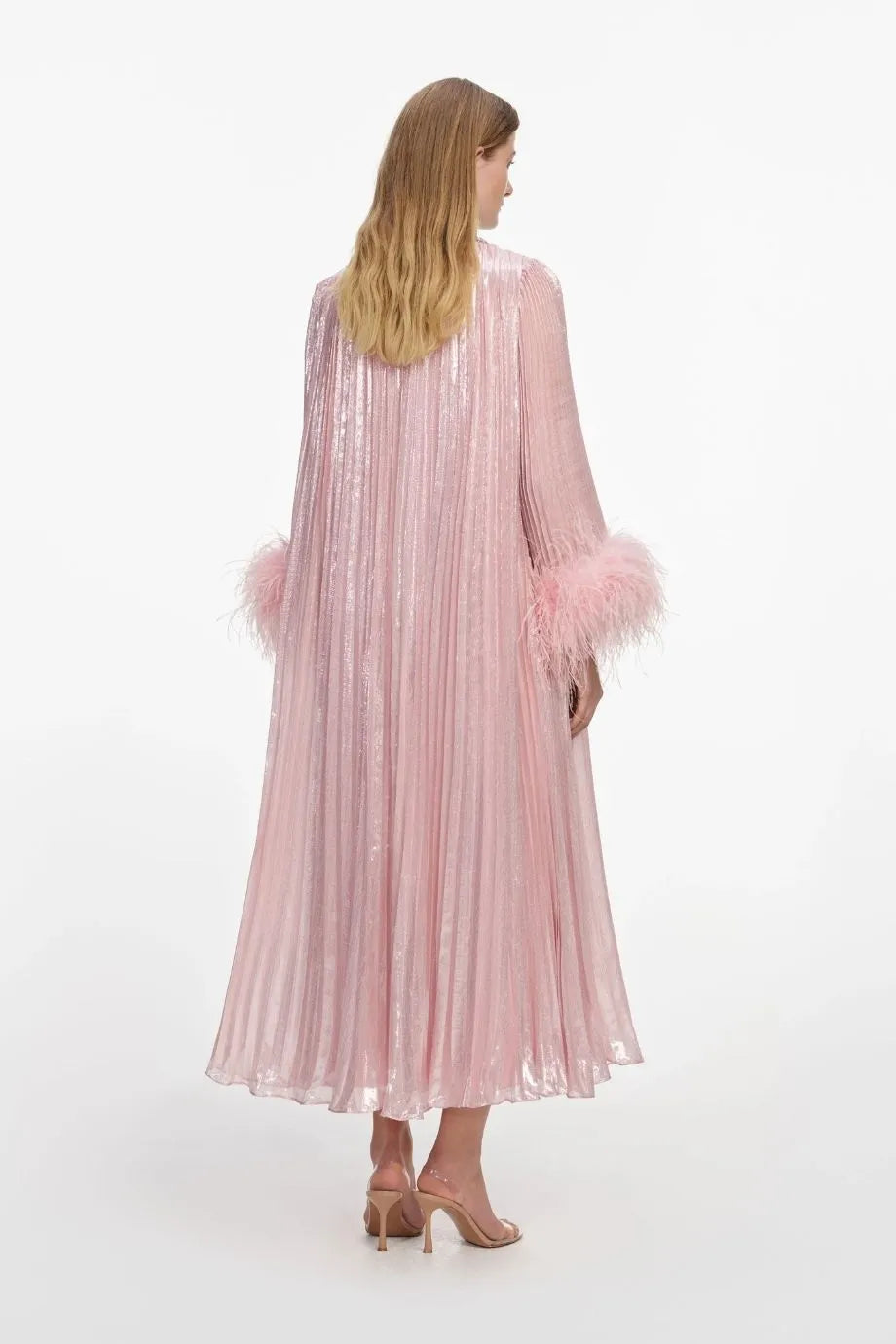 Metallic Chiffon Feather Pleated Evening Dress in Pink