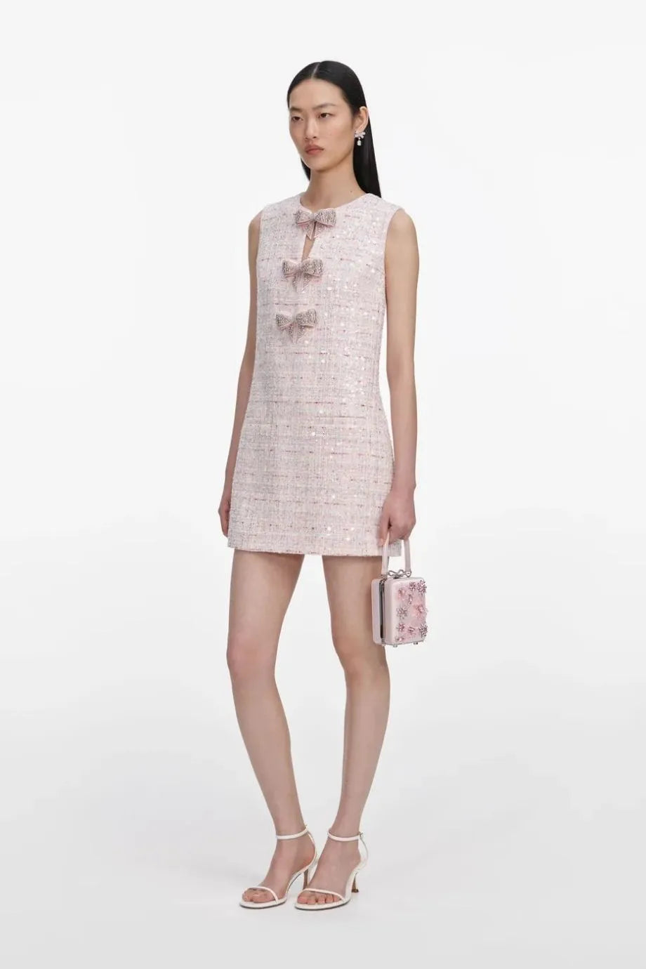 Sleeveless Sequin Boucle Bow Mini Dress in Pink