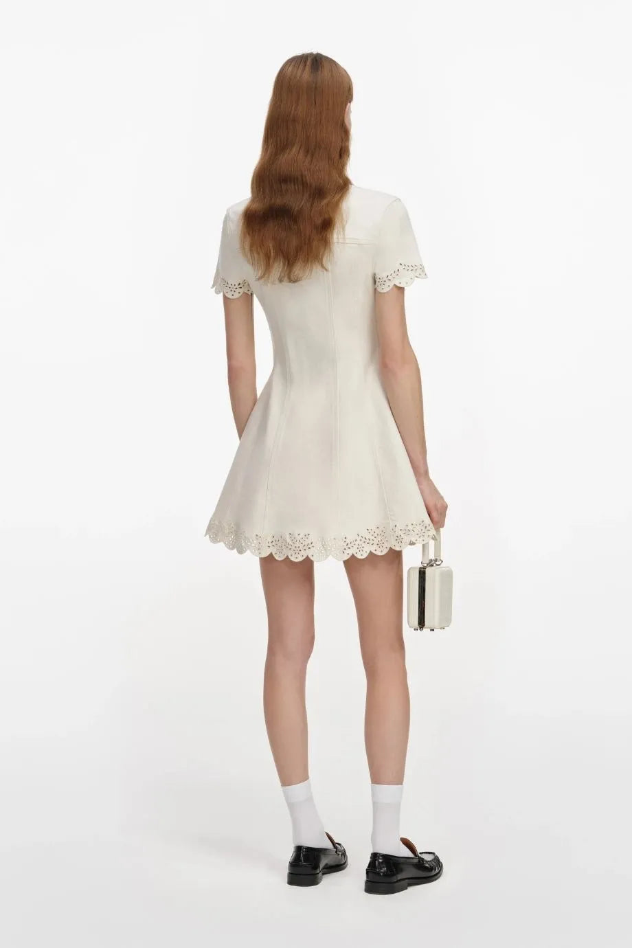 Broderie Denim Cotton Mini Dress in Cream