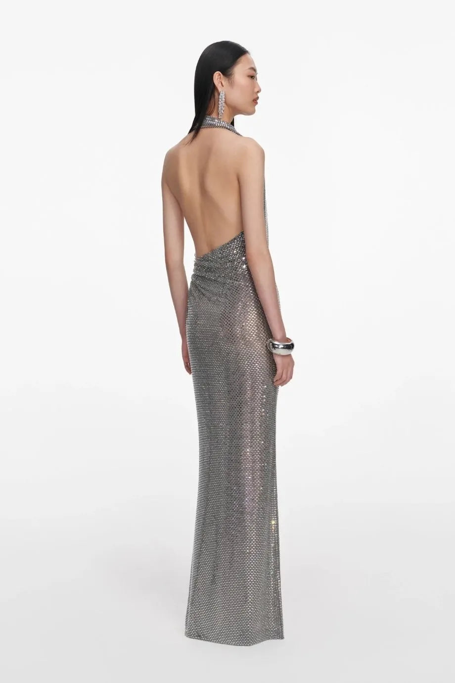 Sleeveless Rhinestone Drape Evening Dress in Grey
