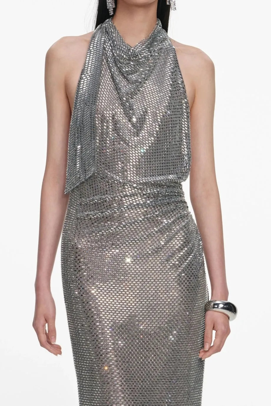 Sleeveless Rhinestone Drape Evening Dress in Grey