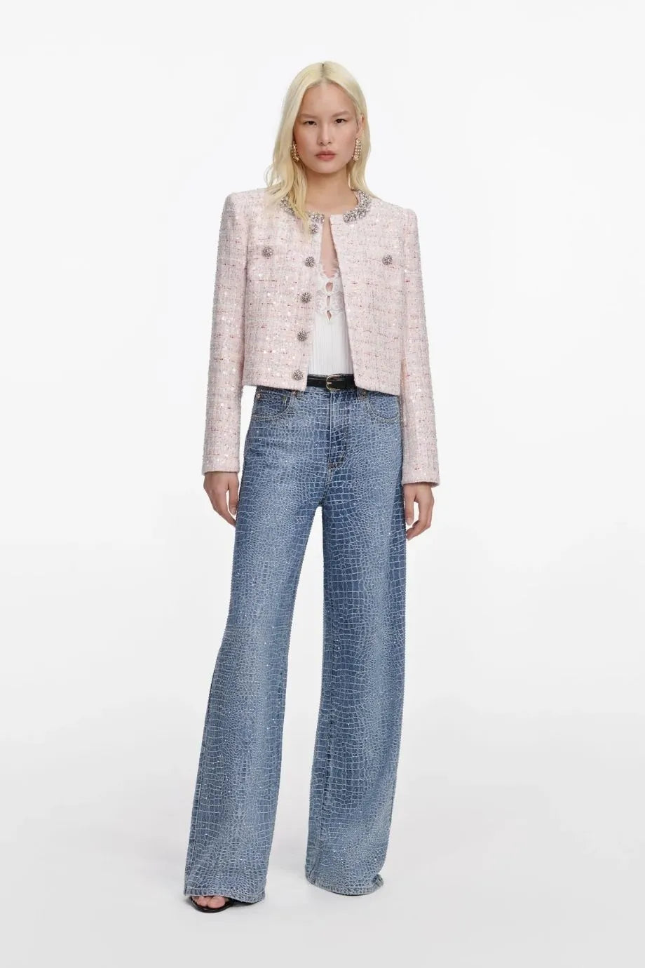 Sequin Boucle Cropped Jacket in Pink