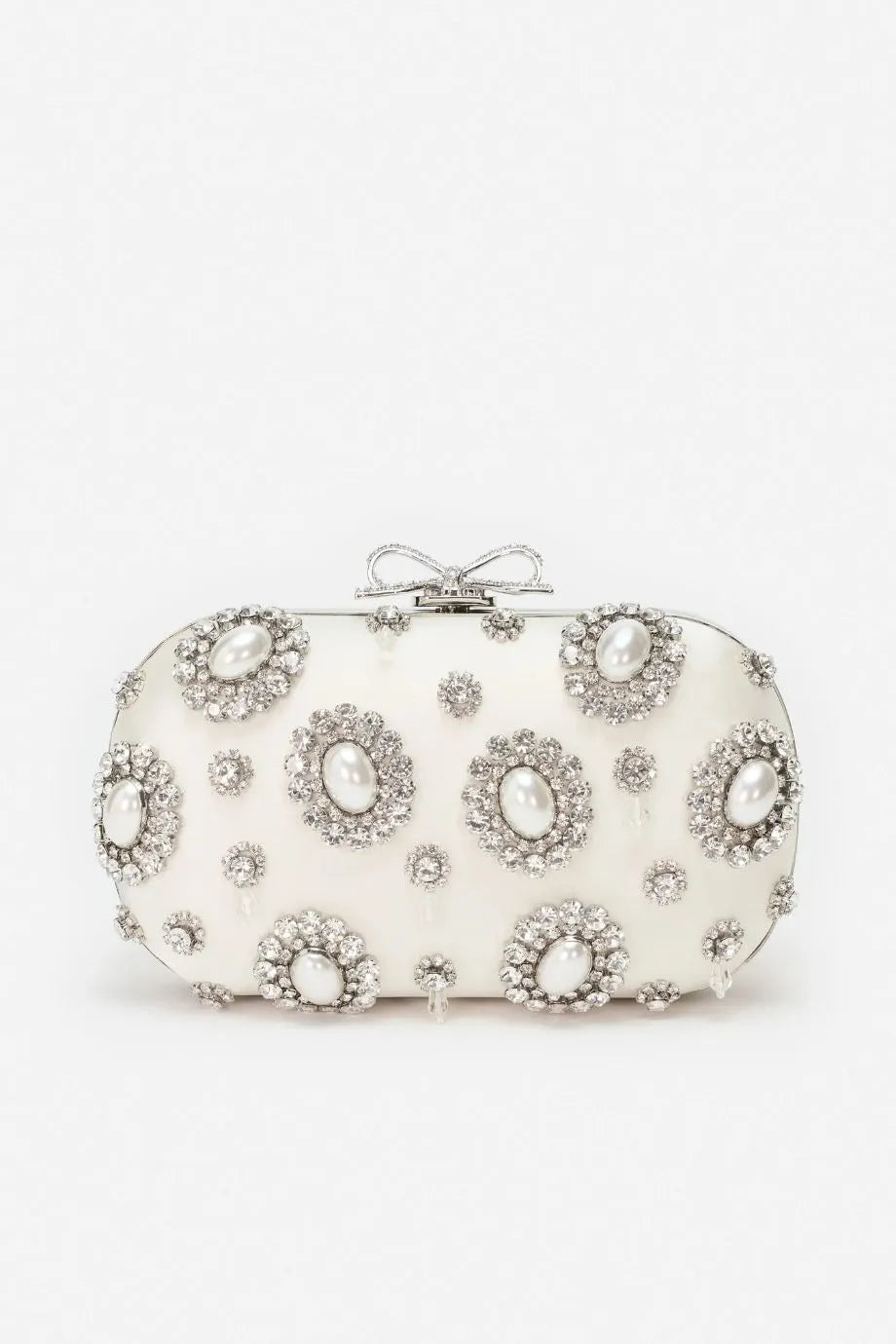 Satin Multi Crystal Clutch Bag in Cream