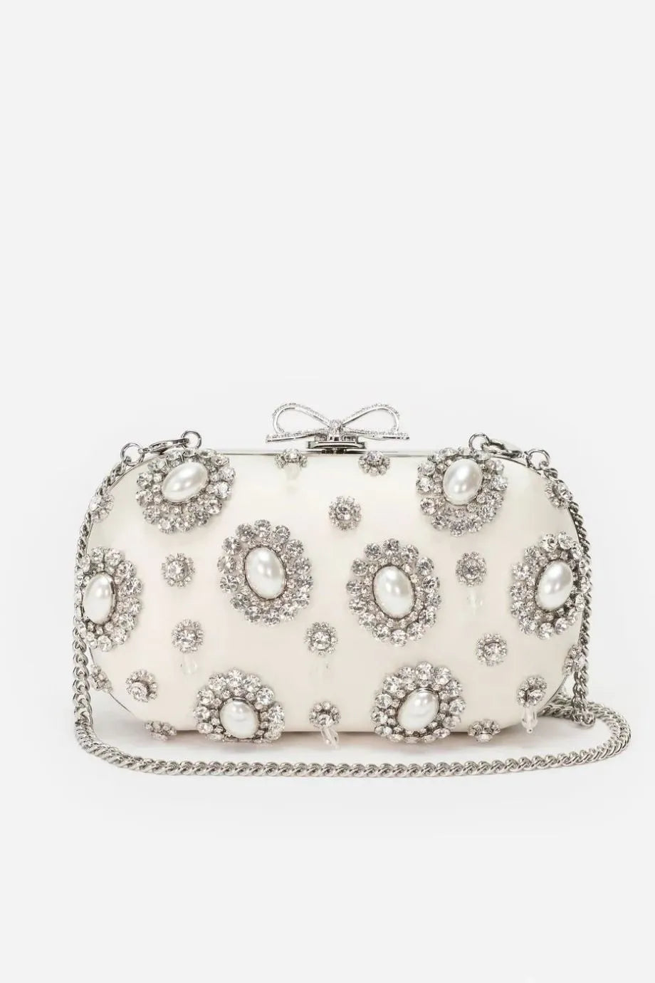 Satin Multi Crystal Clutch Bag in Cream