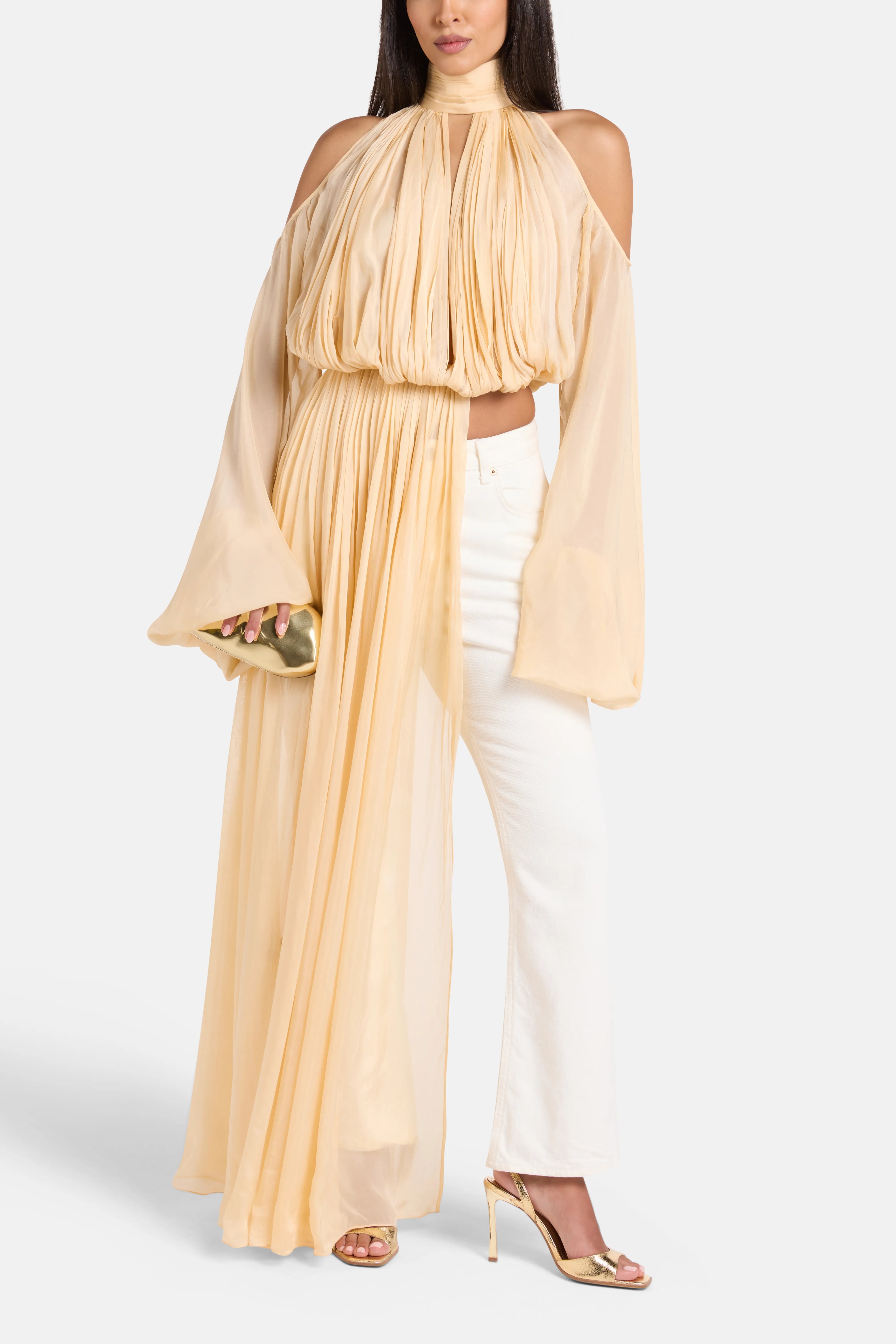 Sage Shoulder Cut Out Chiffon Top in Gold