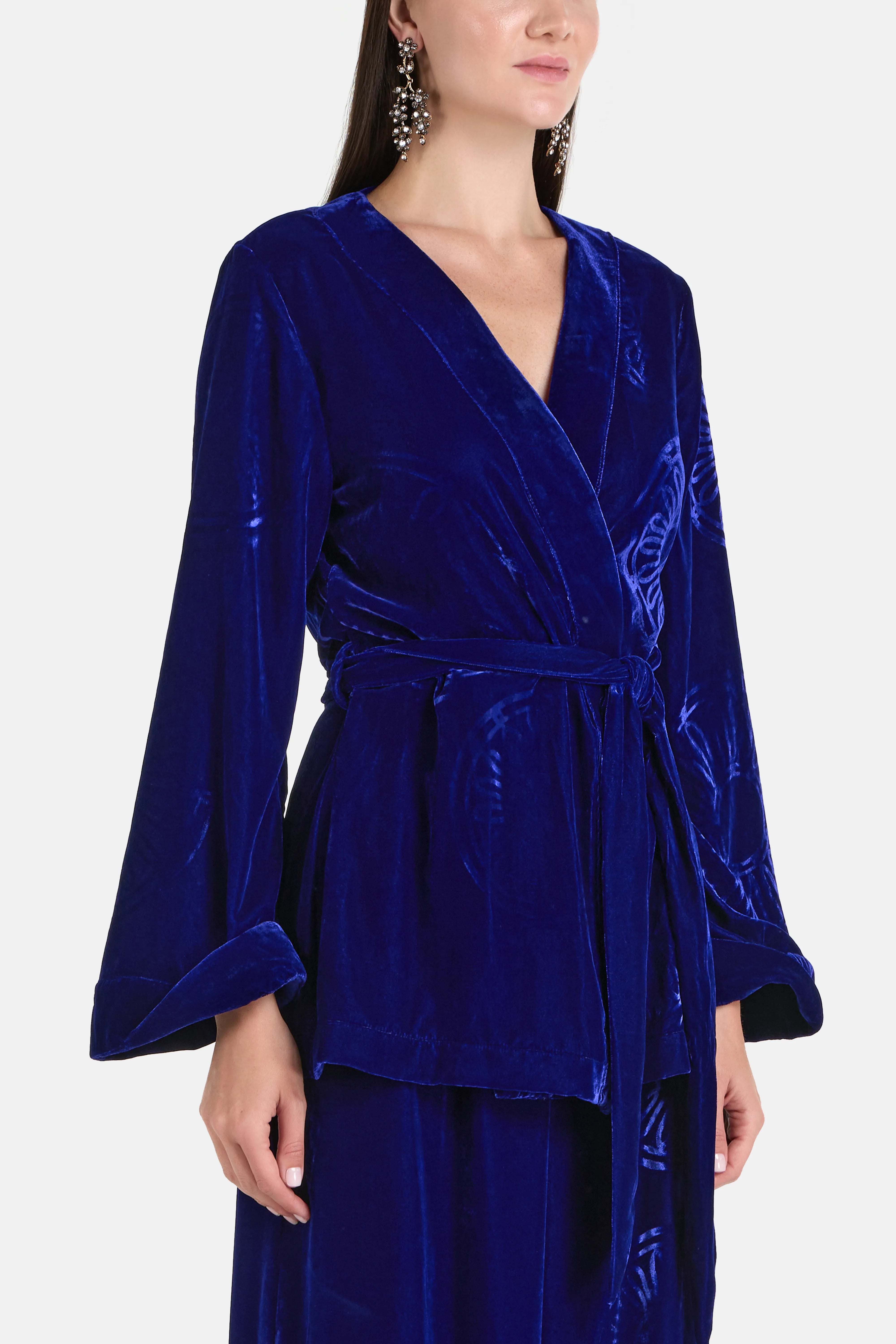 Kyma Velvet Silk Blend Belted Kimono in Blue