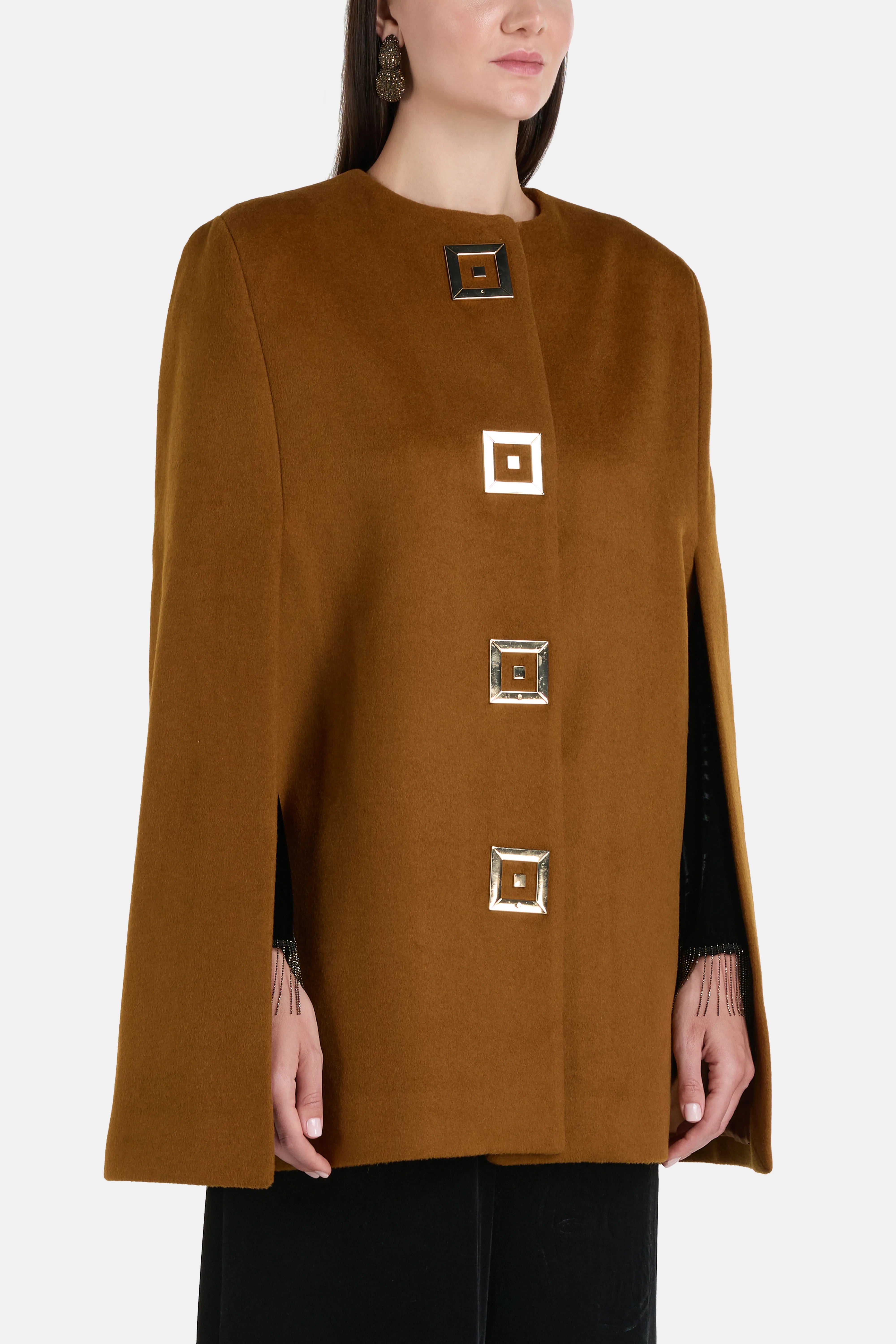 Infinity Gold Silk Velvet Blend Coat with Cape in Brown