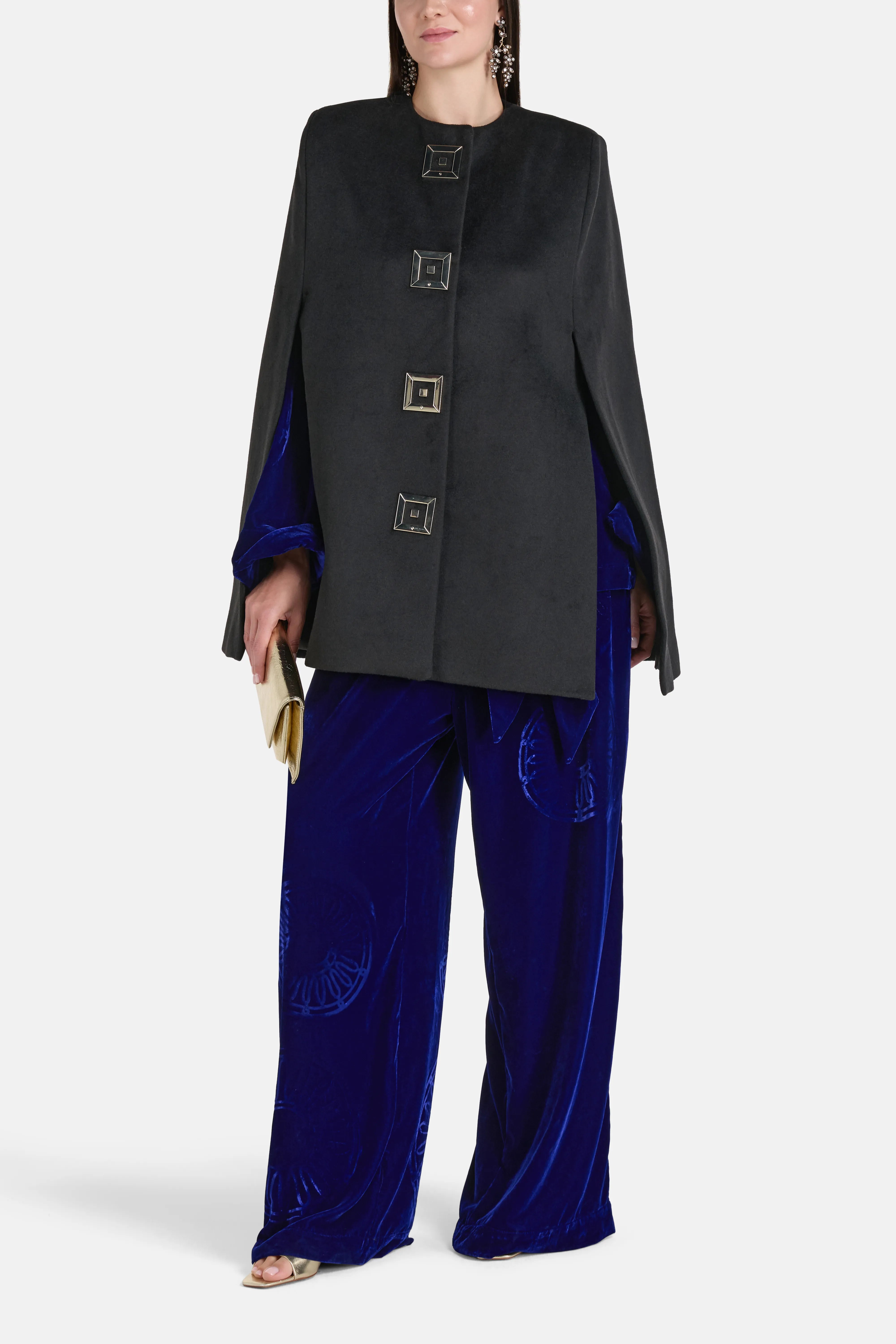 Infinity Gold Silk Velvet Blend Coat with Cape in Black
