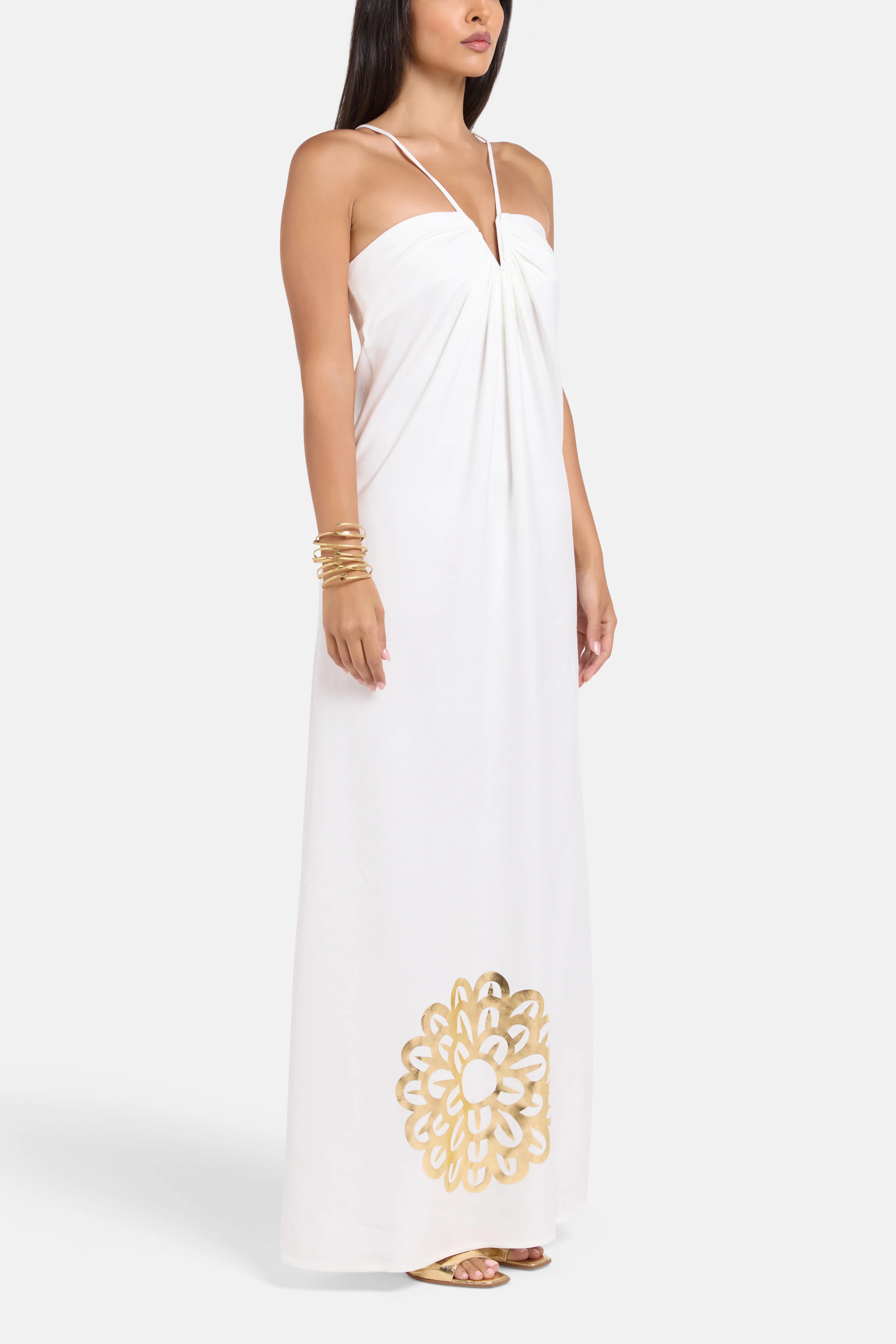 Galatea Sleeveless Maxi Dress in White and Gold