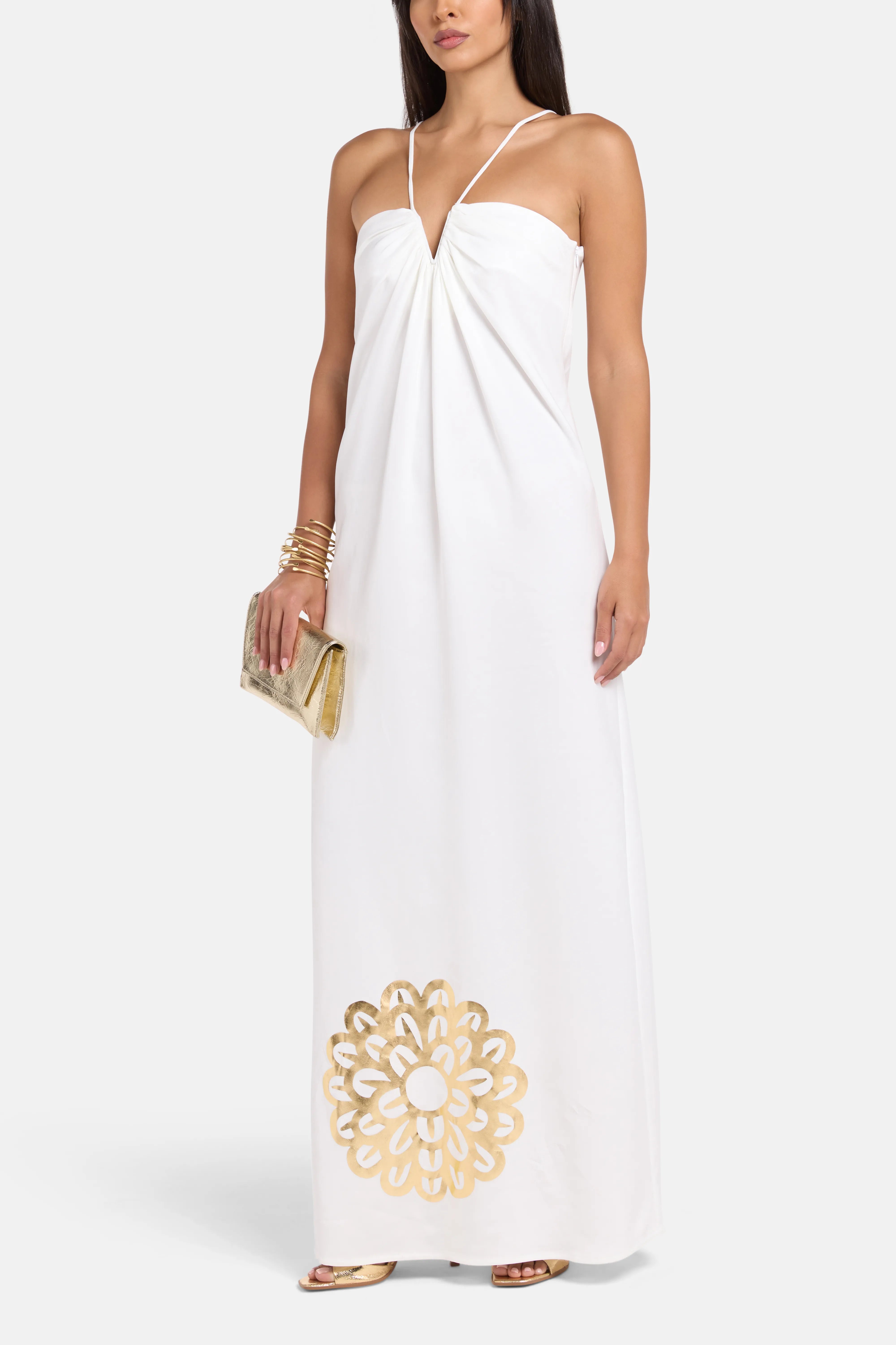 Galatea Sleeveless Maxi Dress in White and Gold