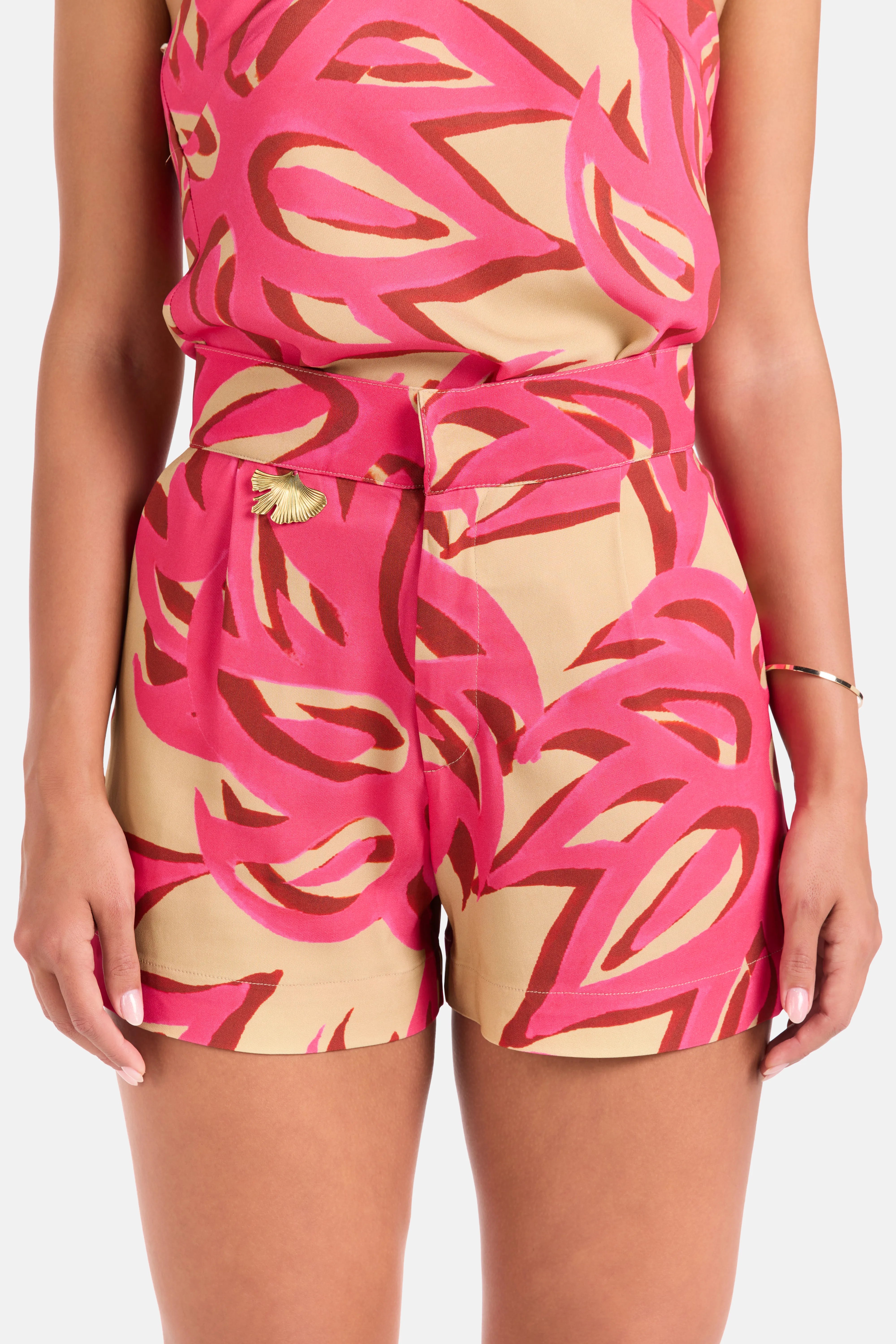 Ismene Sabra Patterned Silk Shorts in Pink