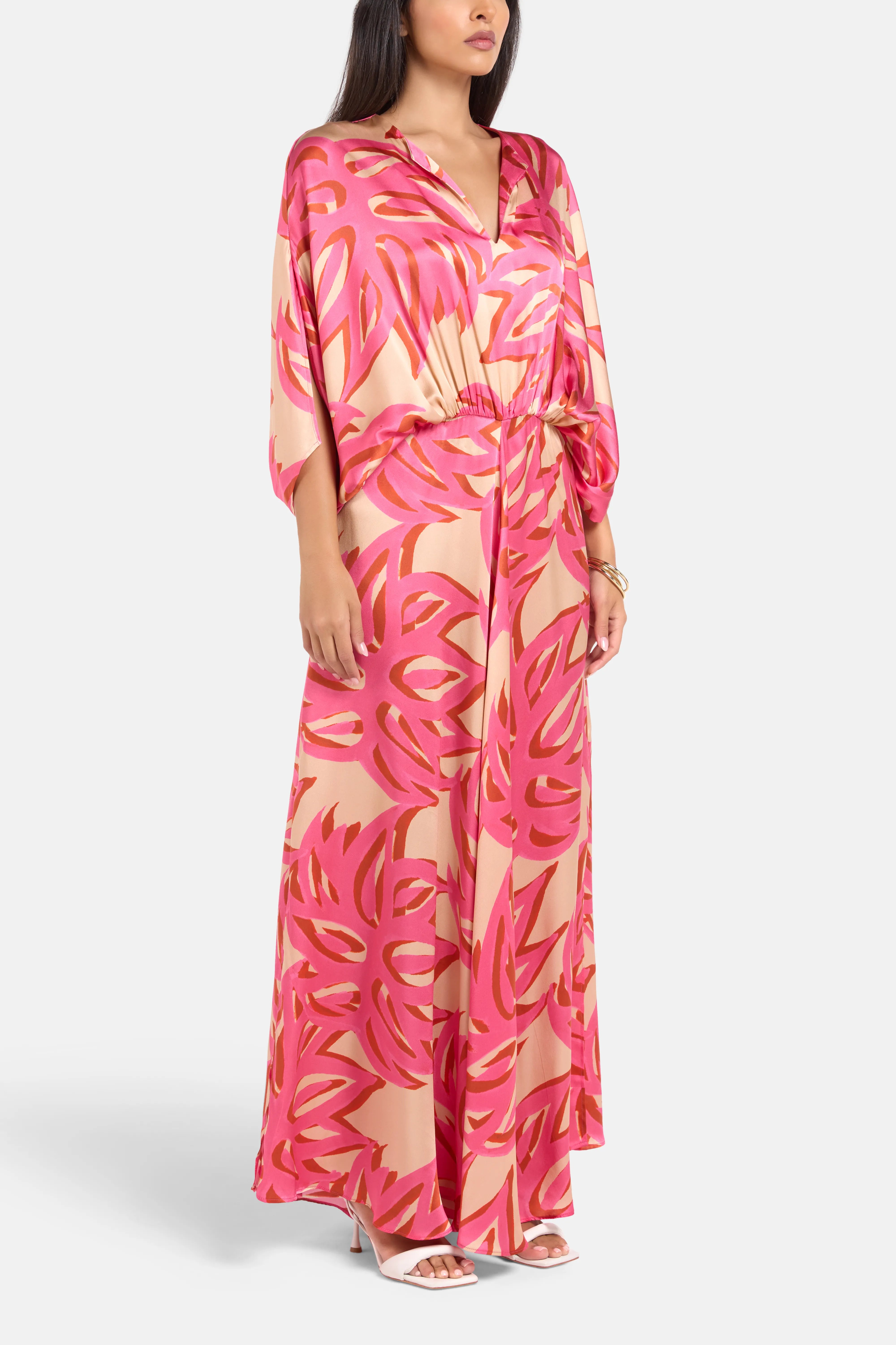 Ismene Puff Sleeves Silk Maxi Dress in Pink