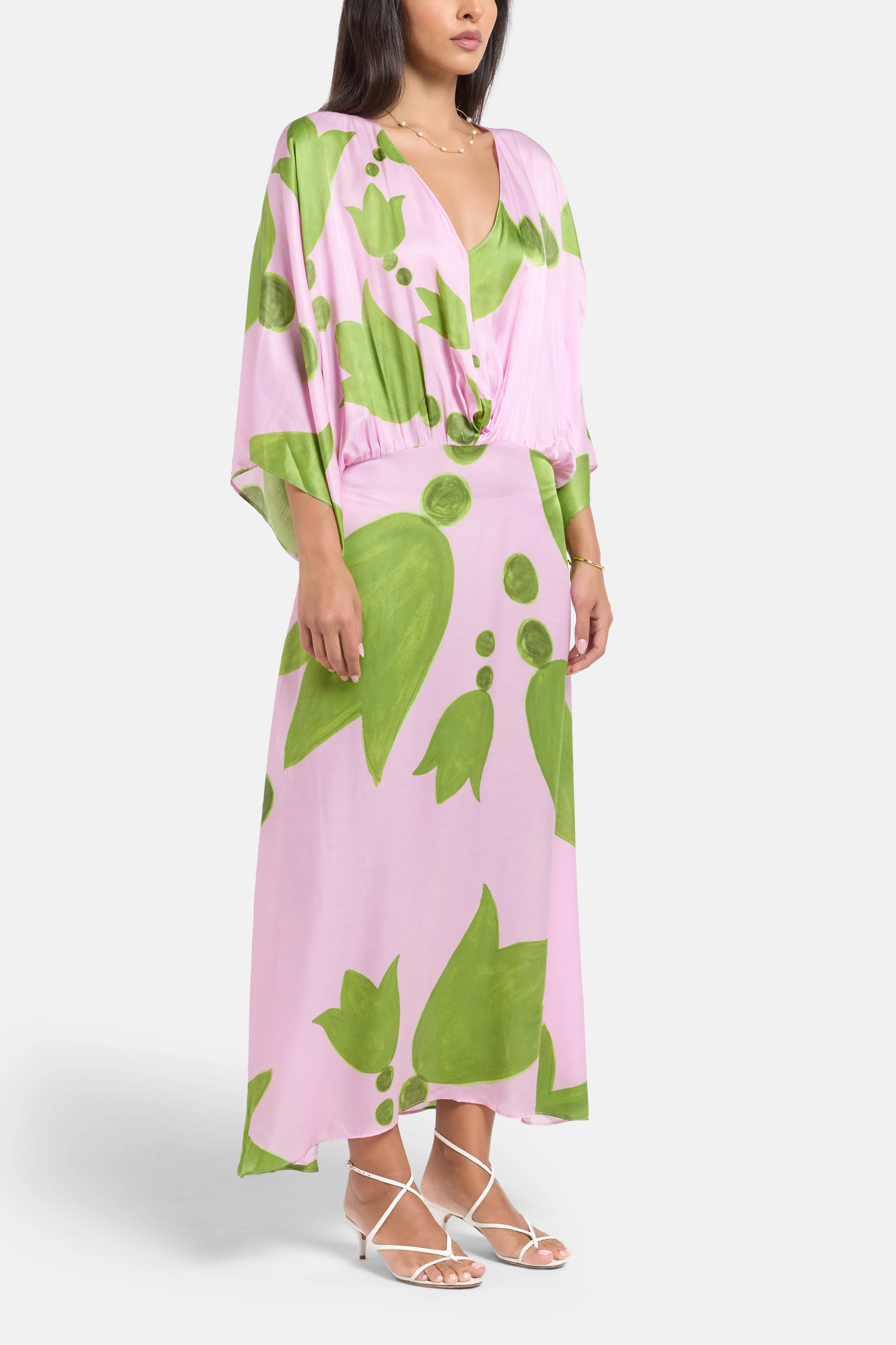 Eudora Puff Sleeves Silk Maxi Dress in Pink and Green