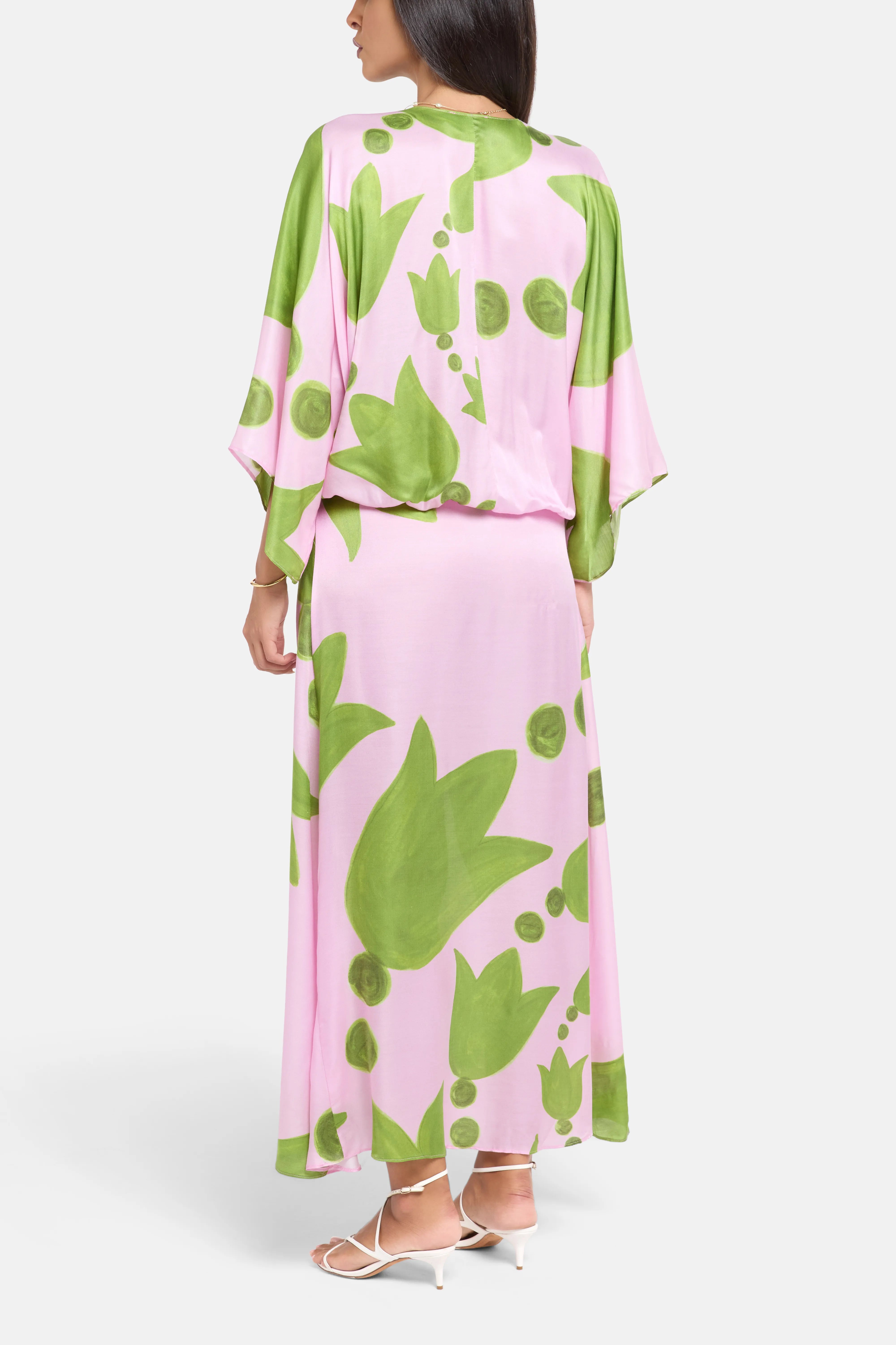 Eudora Puff Sleeves Silk Maxi Dress in Pink and Green