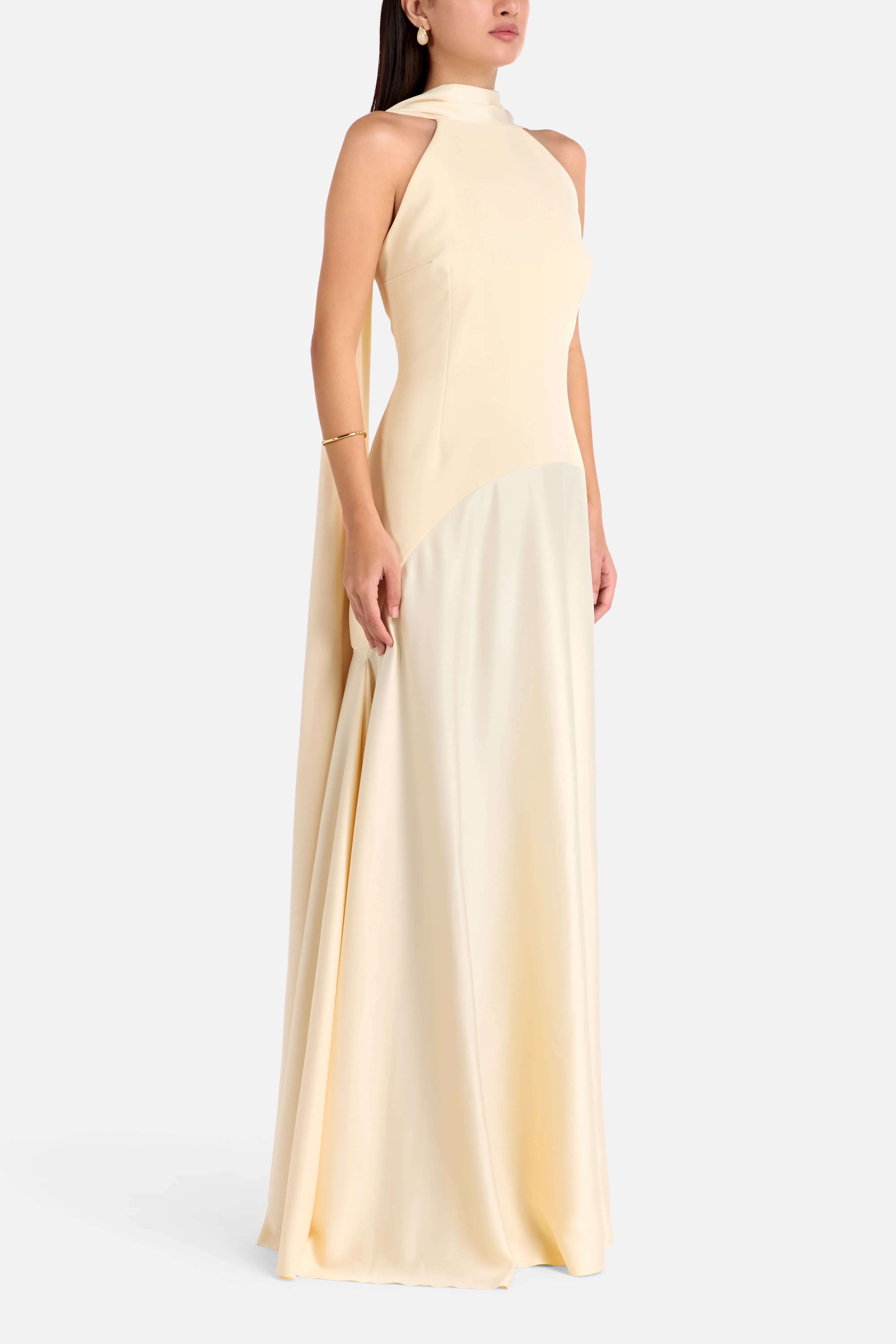 Cece Halter Neck Sleeveless Evening Dress in White with Scarf