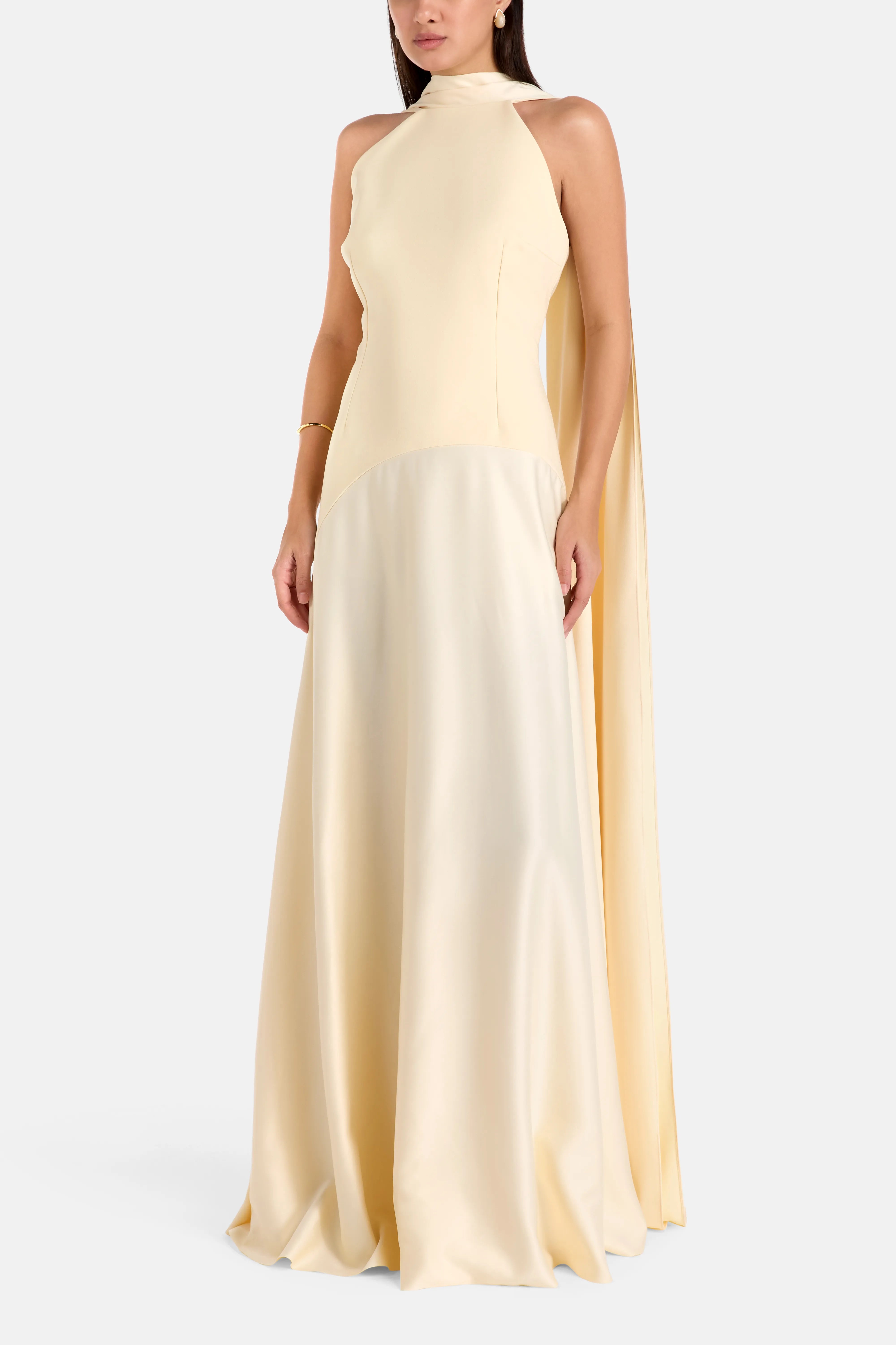 Cece Halter Neck Sleeveless Evening Dress in White with Scarf