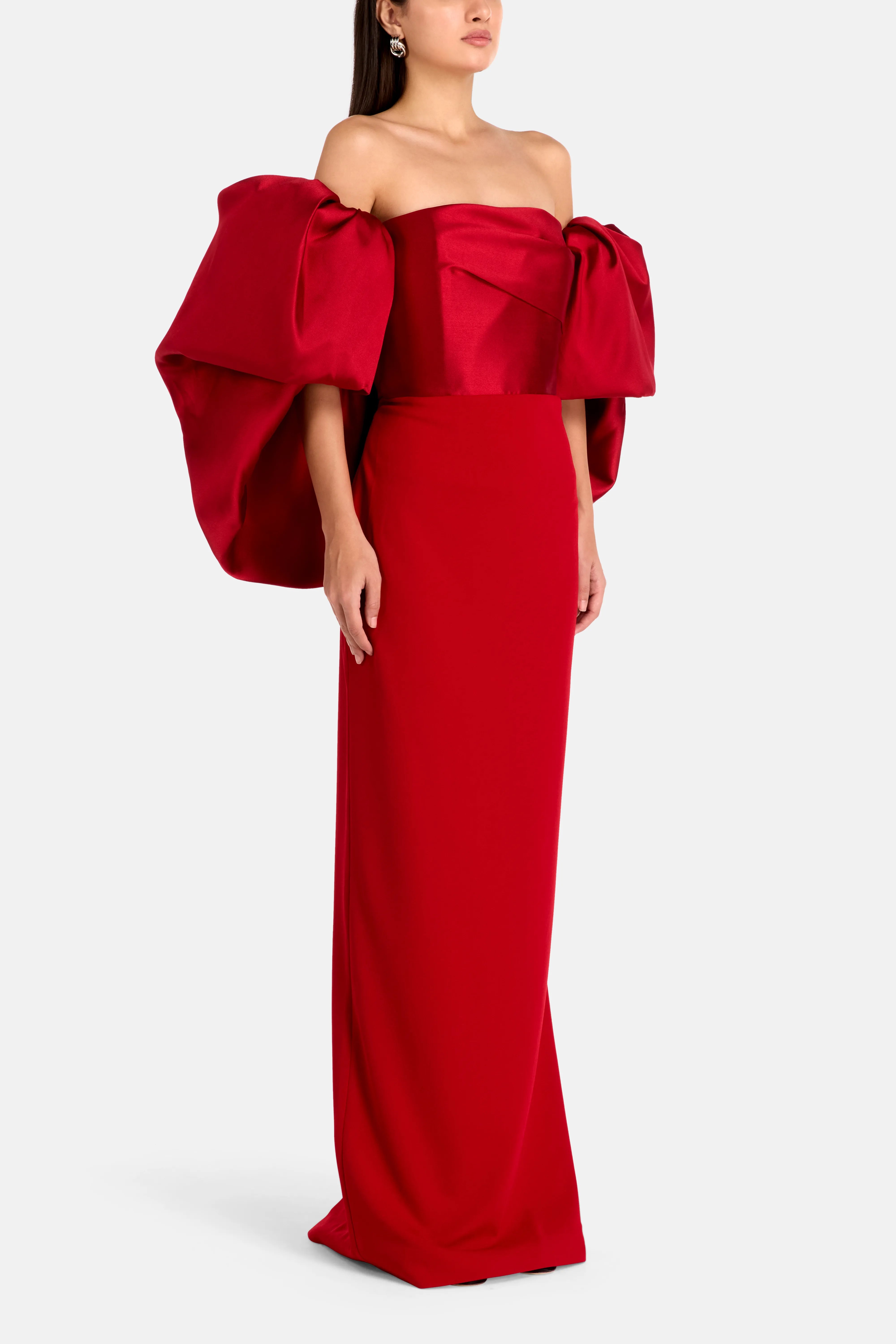 Floris Off Shoulder Puff Sleeves Evening Dress in Red