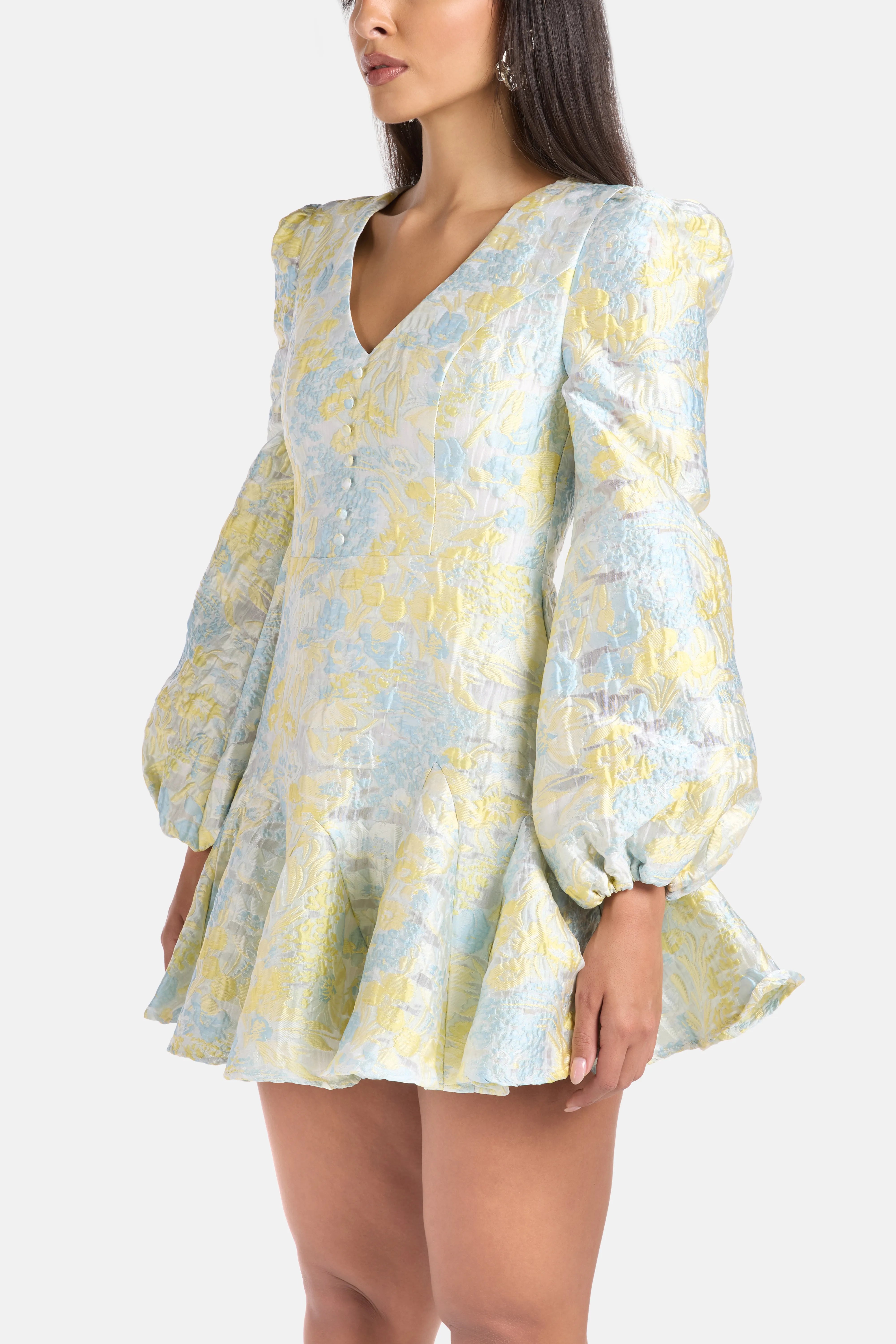 Penelope Belle Sleeves Mini Dress in Yellow