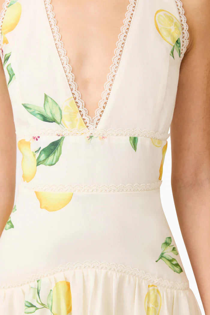 Hana Tiered Lemon Printed Sleeveless Maxi Dress in Yellow