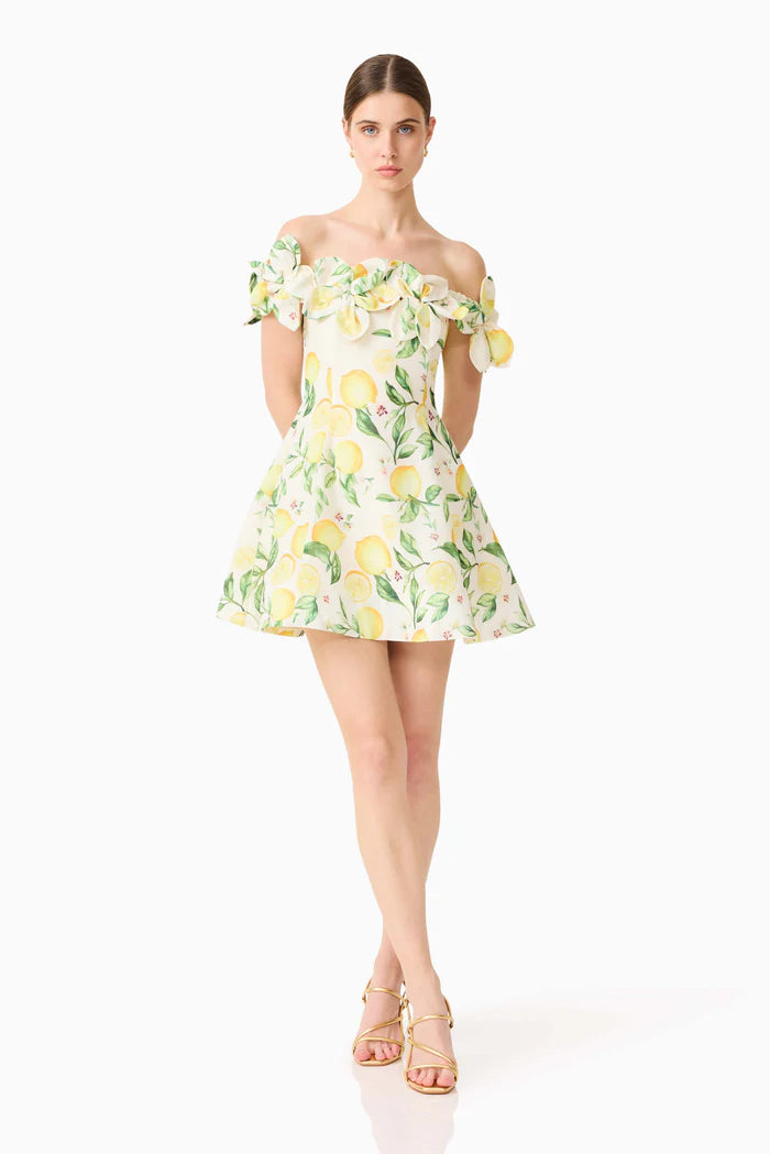 Hana Off Shoulder Lemon Printed Mini Dress in Yellow