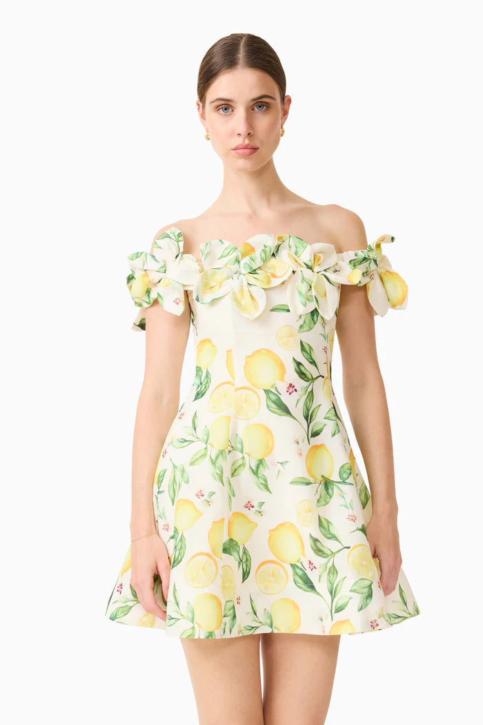 Hana Off Shoulder Lemon Printed Mini Dress in Yellow