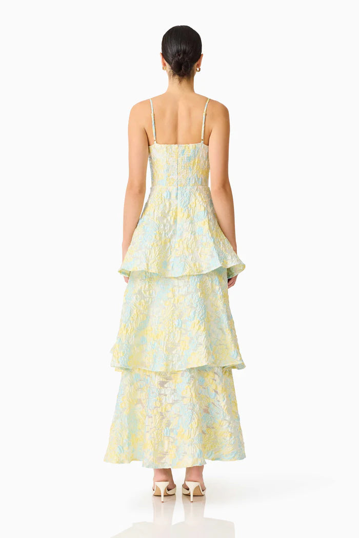 Penelope Tiered Floral Sleeveless Maxi Dress in Yellow