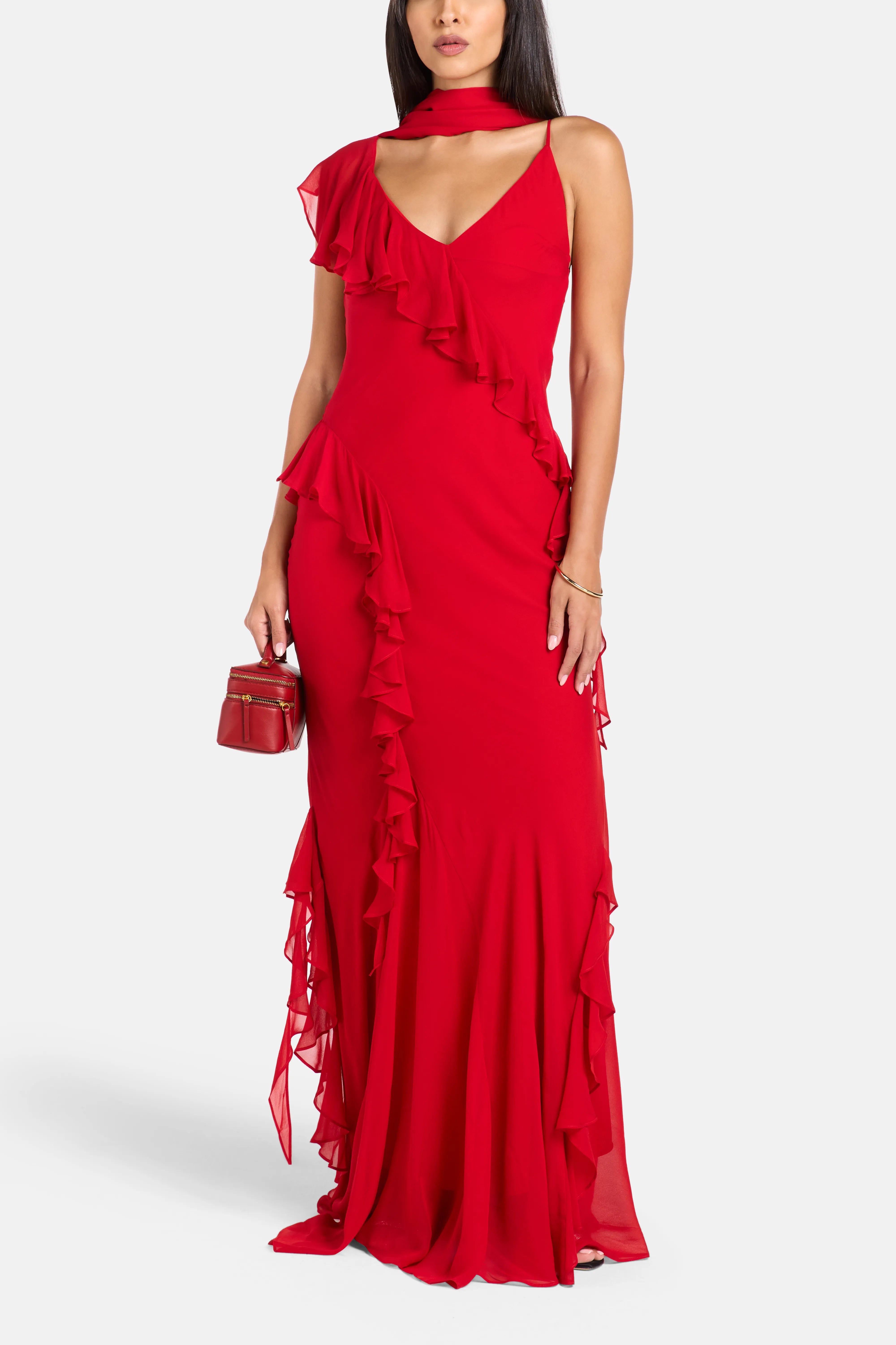 Mayara Viscose Georgette Sleeveless Ruffles Maxi Dress in Red with Cape