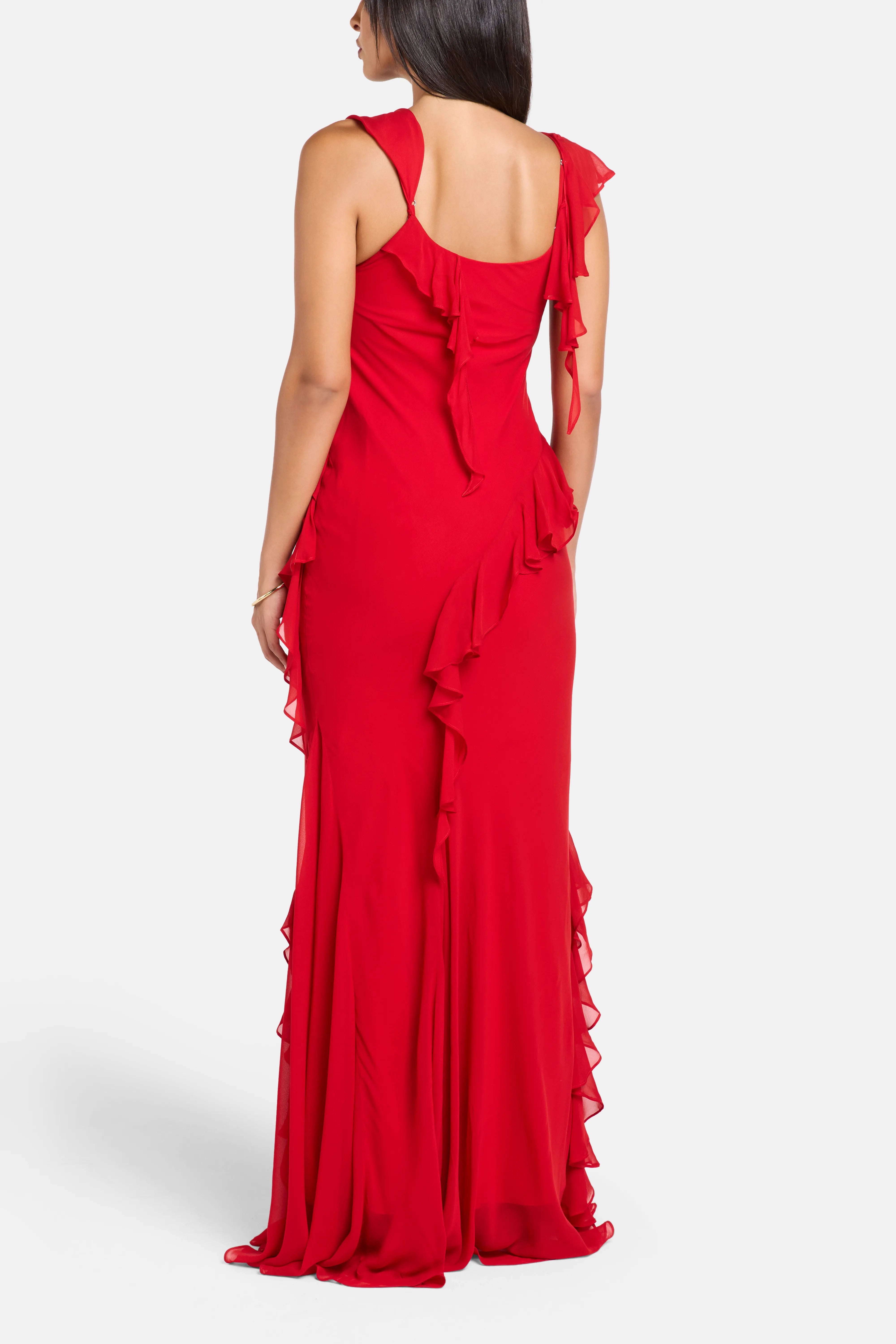Mayara Viscose Georgette Sleeveless Ruffles Maxi Dress in Red with Cape