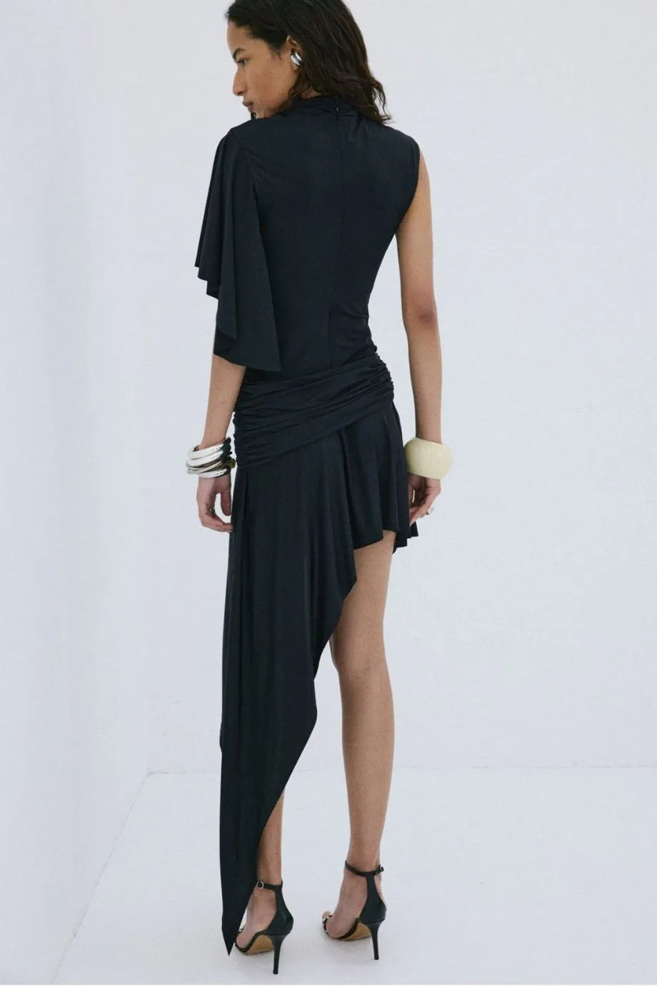 Titan One Shoulder Spandex Jersey Mini Dress in Black