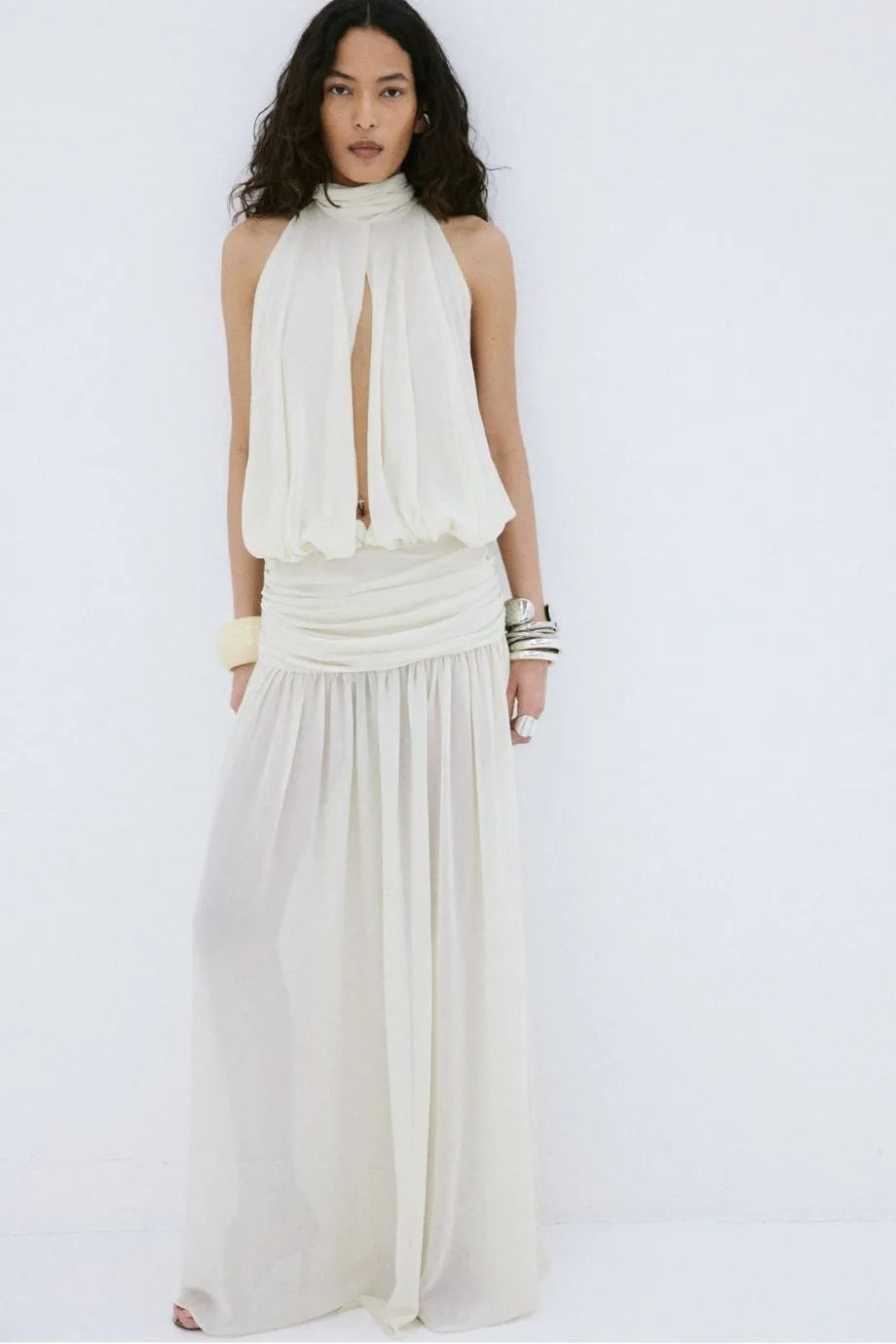 Cruz Chiffon Halter Neck Sleeveless Maxi Dress in White with Scarf